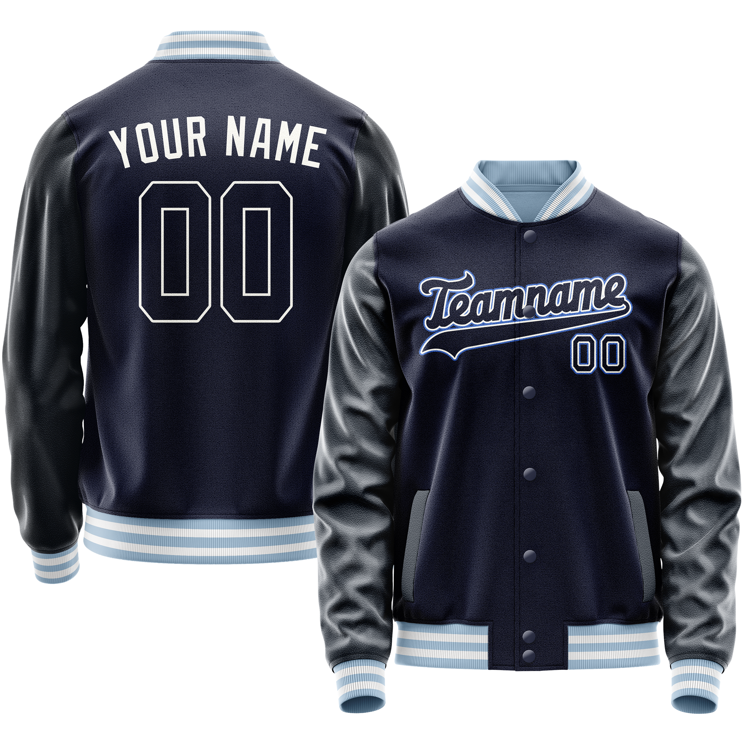 Custom Navy White Solid Color Varsity Letterman Jacket JA02240617KZ279
