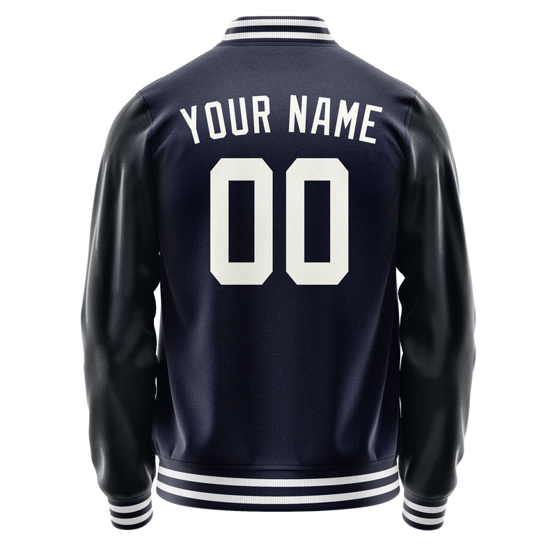 Custom Navy White Solid Color Varsity Letterman Jacket JA02240617KZ291