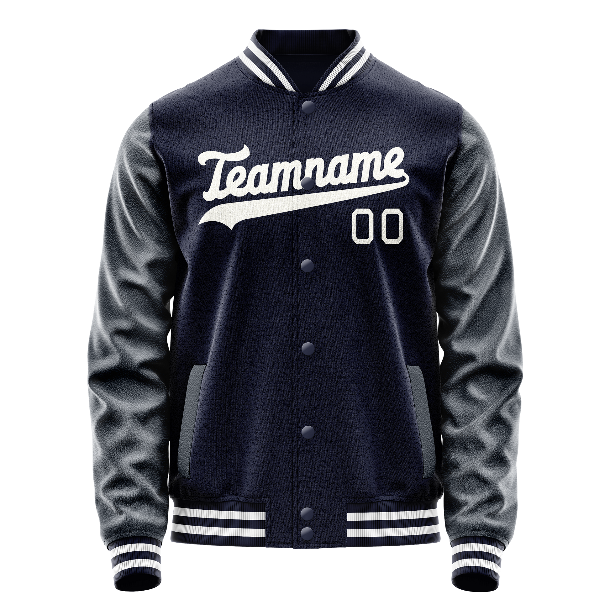 Custom Navy White Solid Color Varsity Letterman Jacket JA02240617KZ291