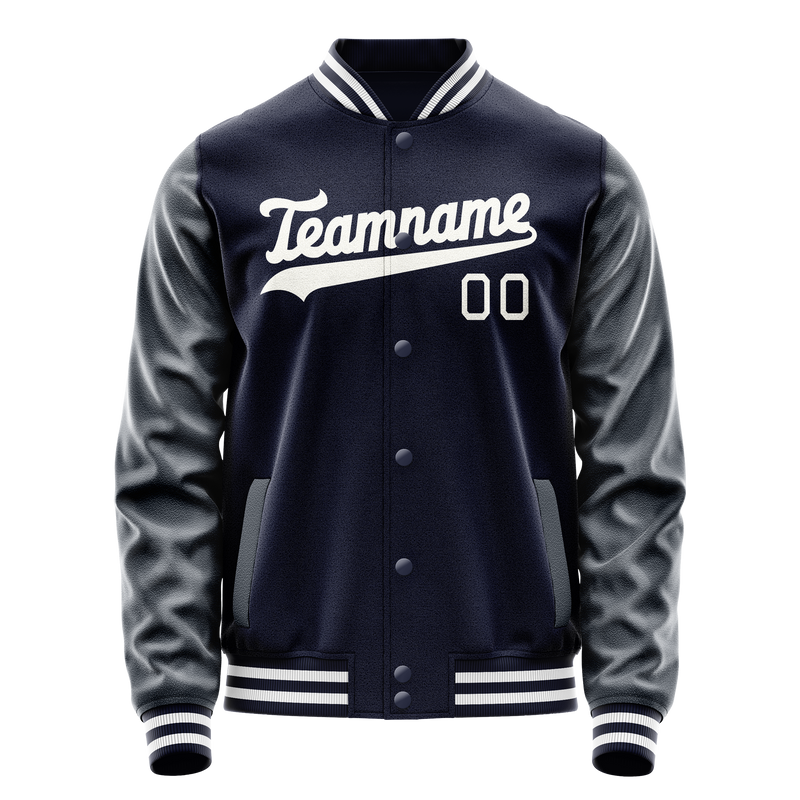 Custom Navy White Solid Color Varsity Letterman Jacket JA02240617KZ291