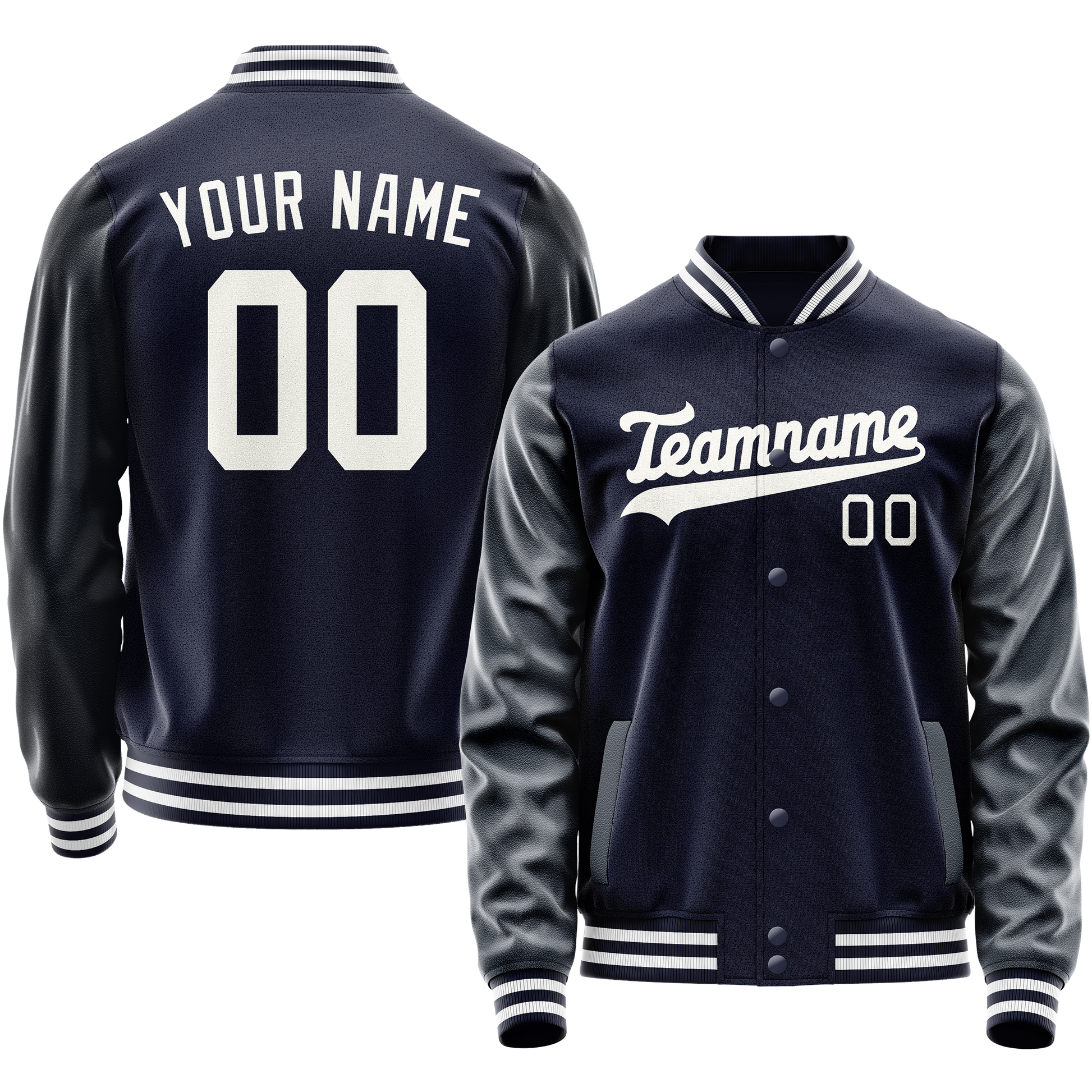 Custom Navy White Solid Color Varsity Letterman Jacket JA02240617KZ291