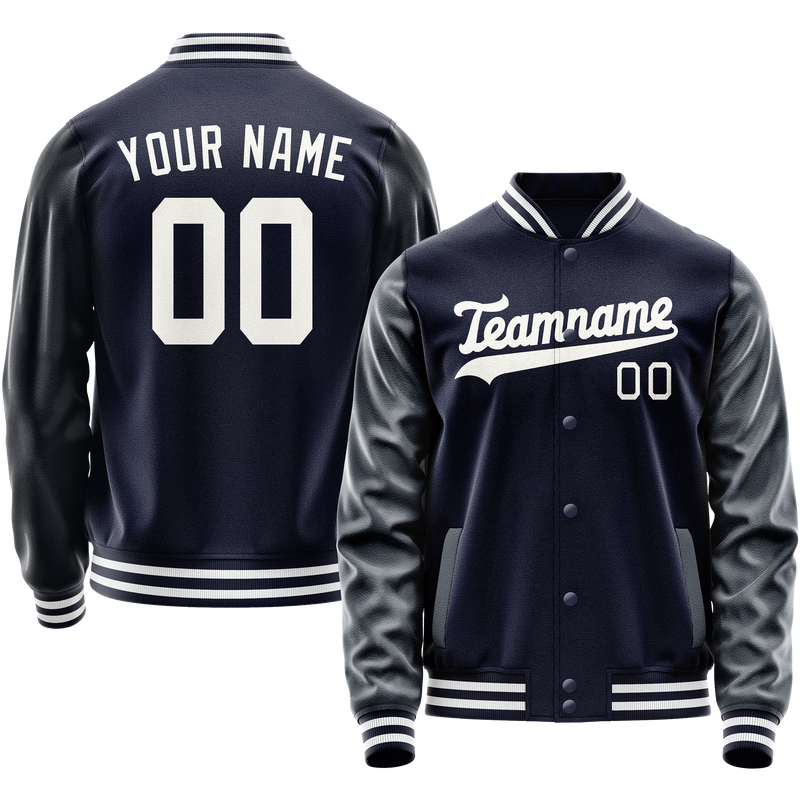 Custom Navy White Solid Color Varsity Letterman Jacket JA02240617KZ291