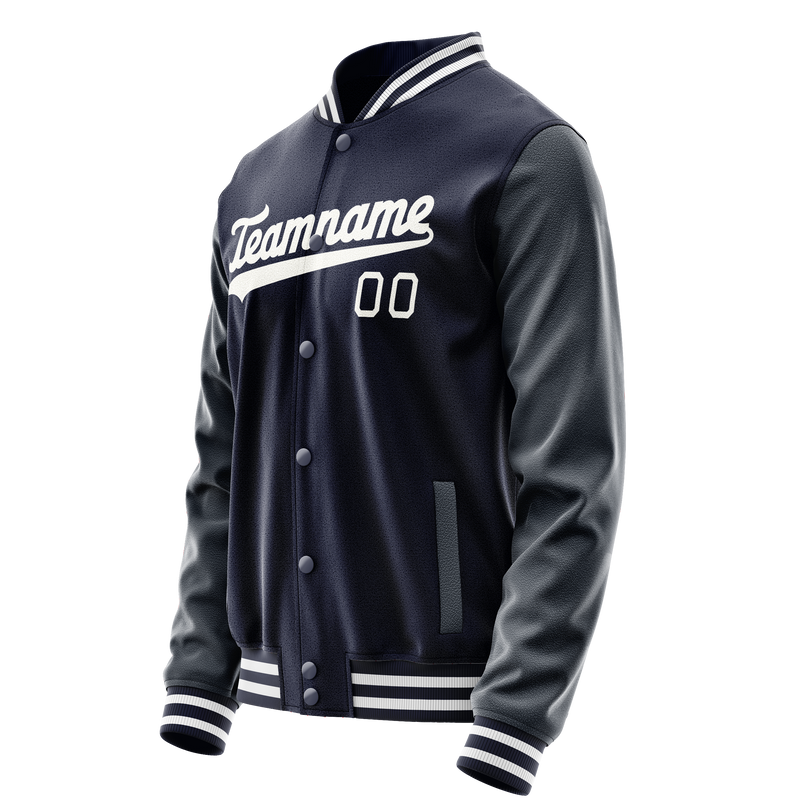 Custom Navy White Solid Color Varsity Letterman Jacket JA02240617KZ291