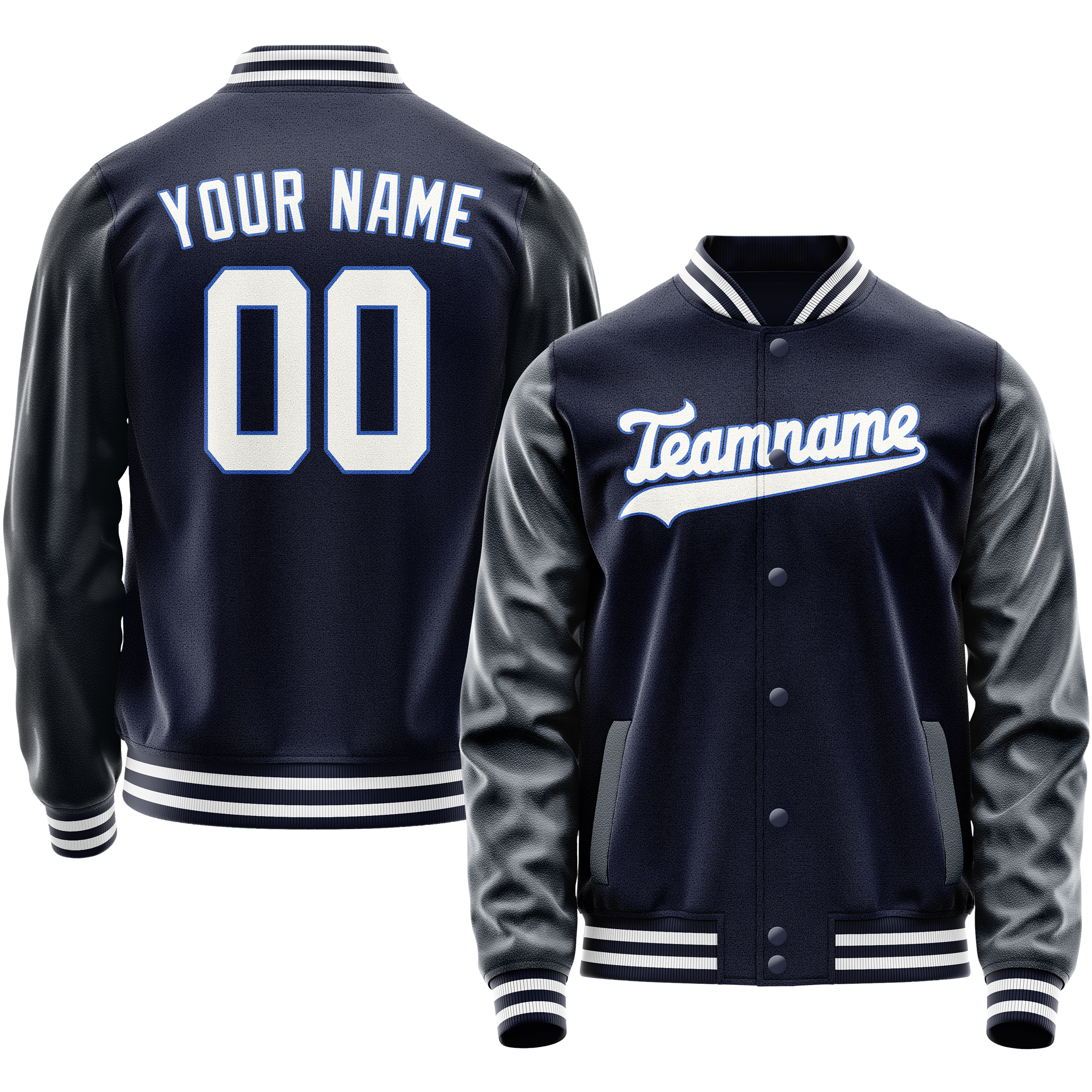 Custom Navy White Solid Color Varsity Letterman Jacket JA02240617KZ269