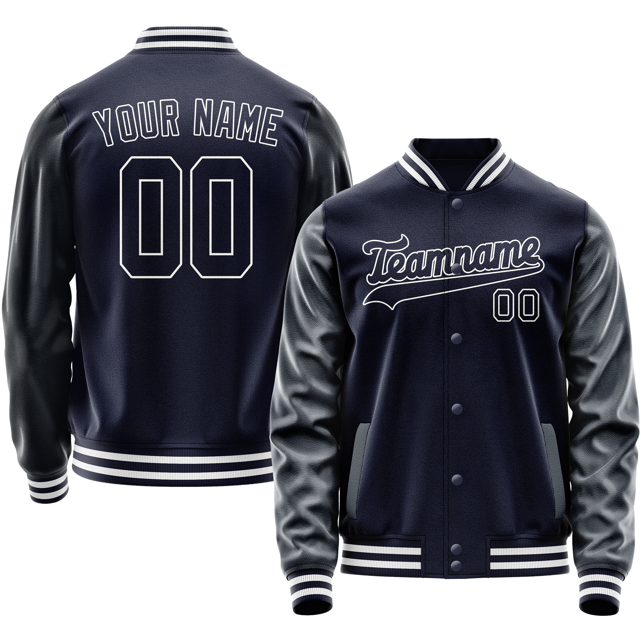 Custom Navy White Solid Color Varsity Letterman Jacket JA02240617KZ273