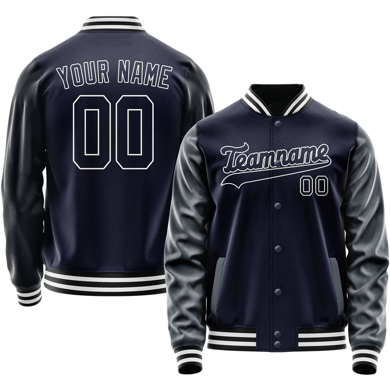 Custom Navy White Solid Color Varsity Letterman Jacket JA02240617KZ283