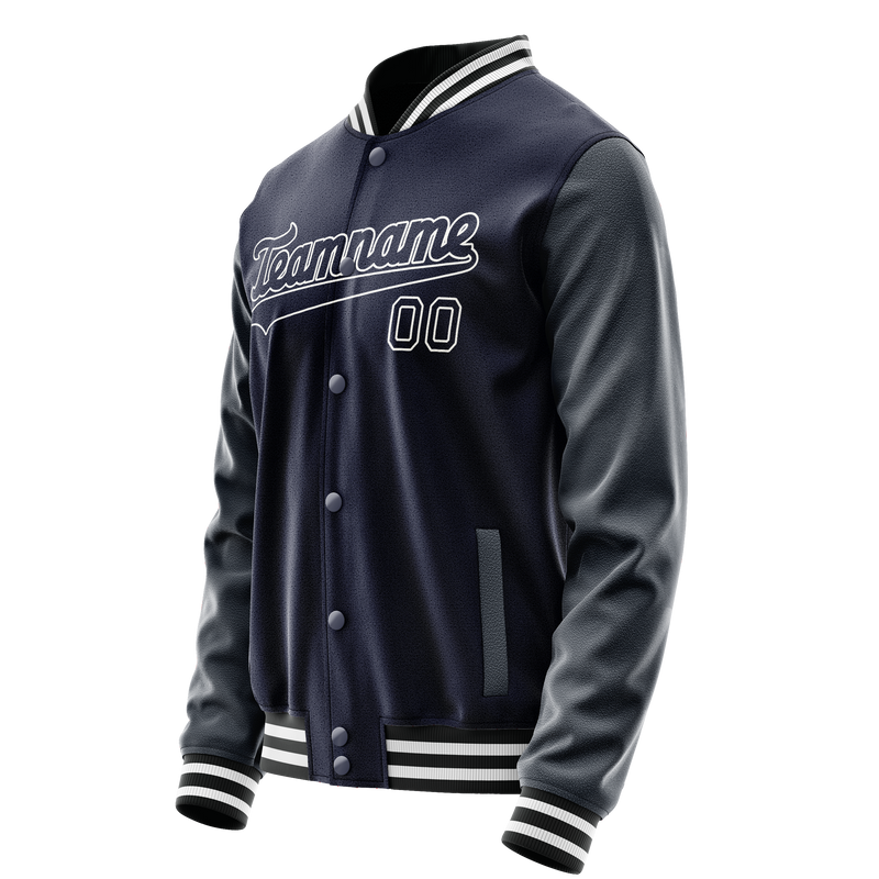 Custom Navy White Solid Color Varsity Letterman Jacket JA02240617KZ283