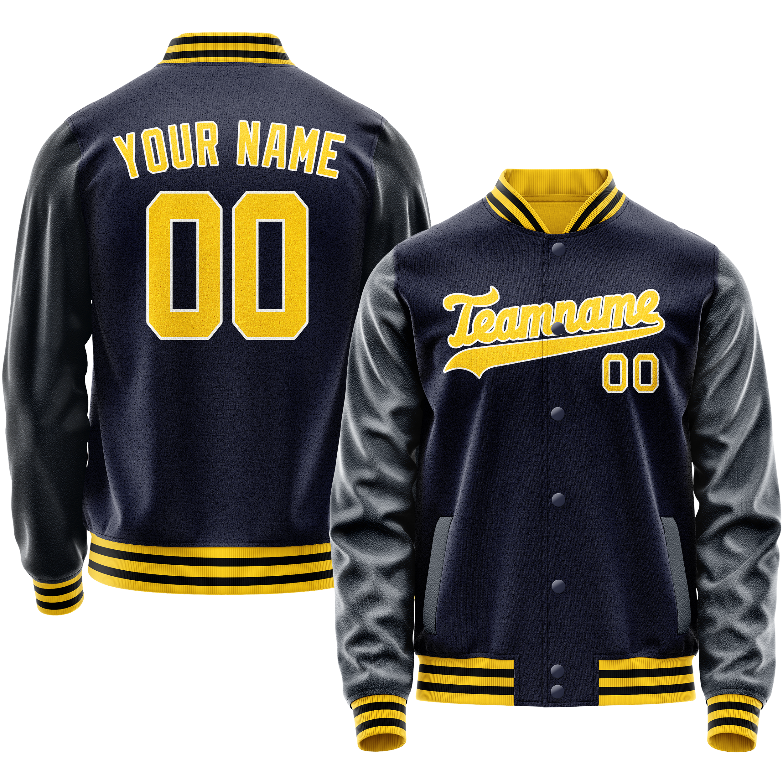 Custom Navy Gold Solid Color Varsity Letterman Jacket JA02240617KZ270