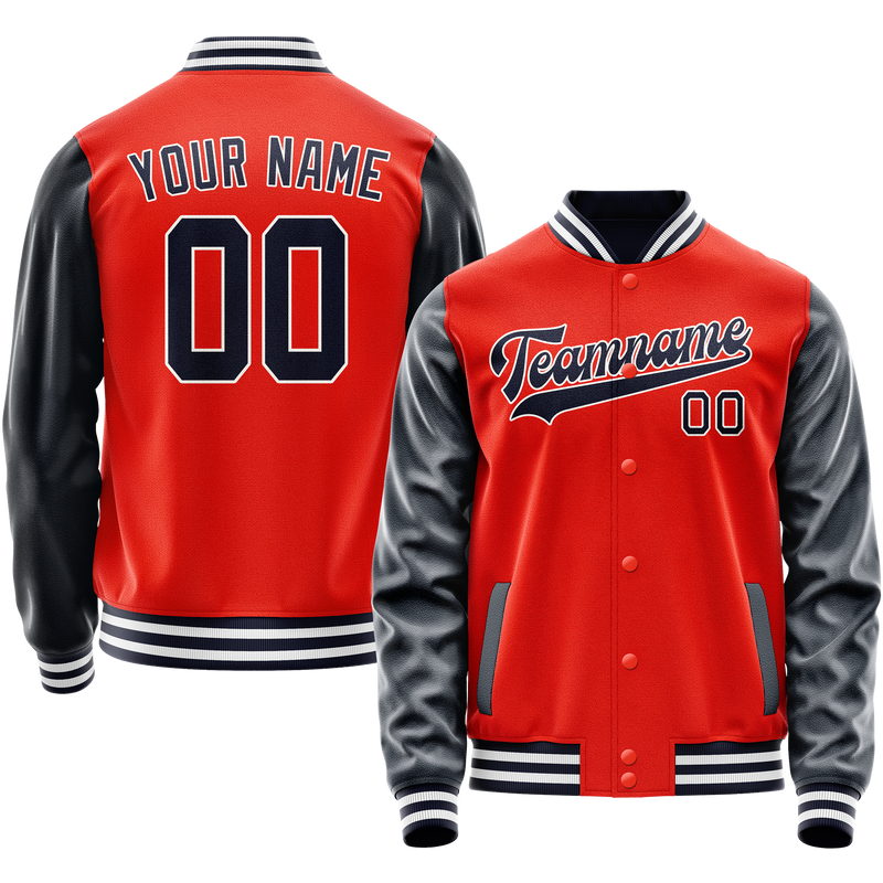 Custom Orange Navy Solid Color Varsity Letterman Jacket JA02240617XE353
