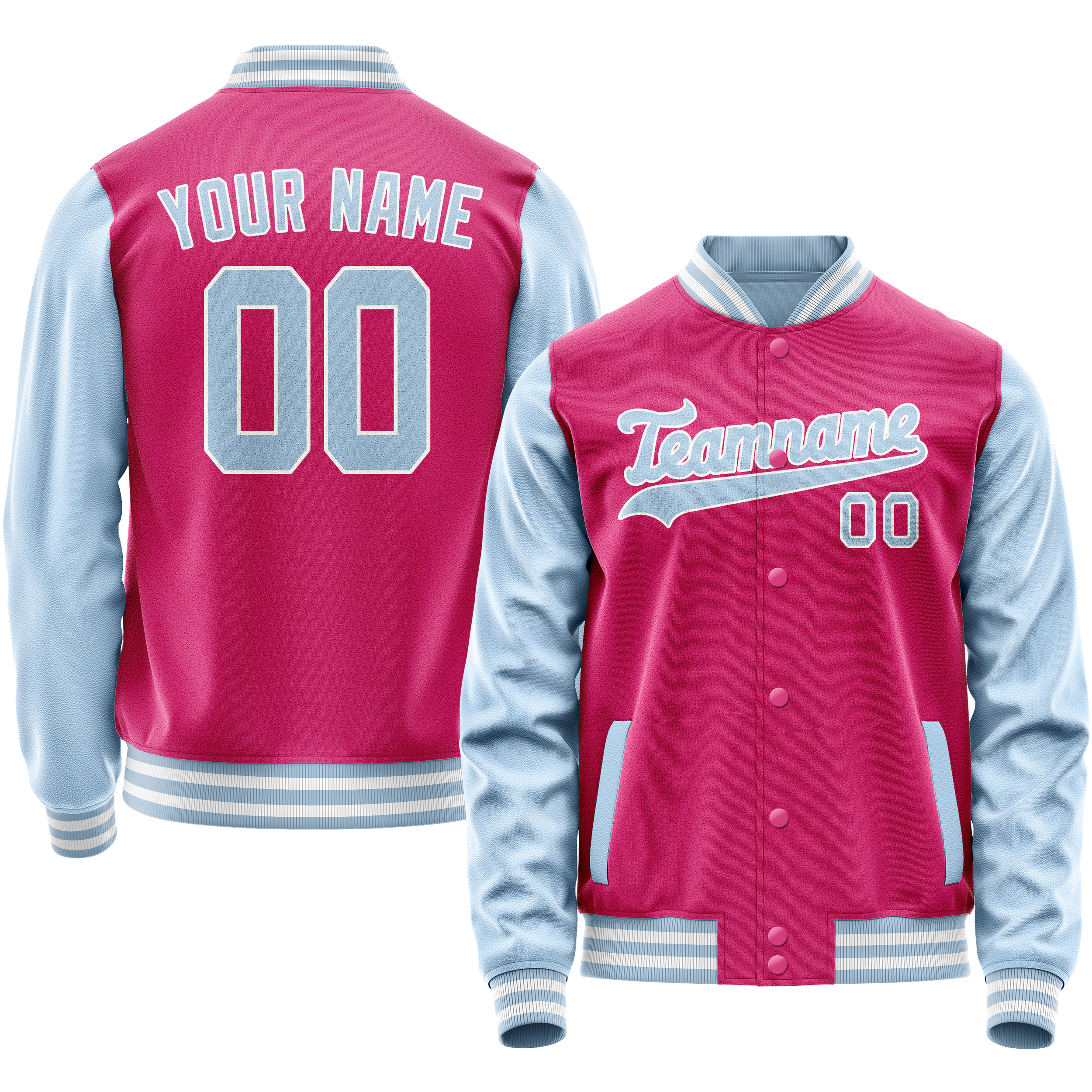Custom Pink Light-Blue Solid Color Varsity Letterman Jacket JA02240617SH320