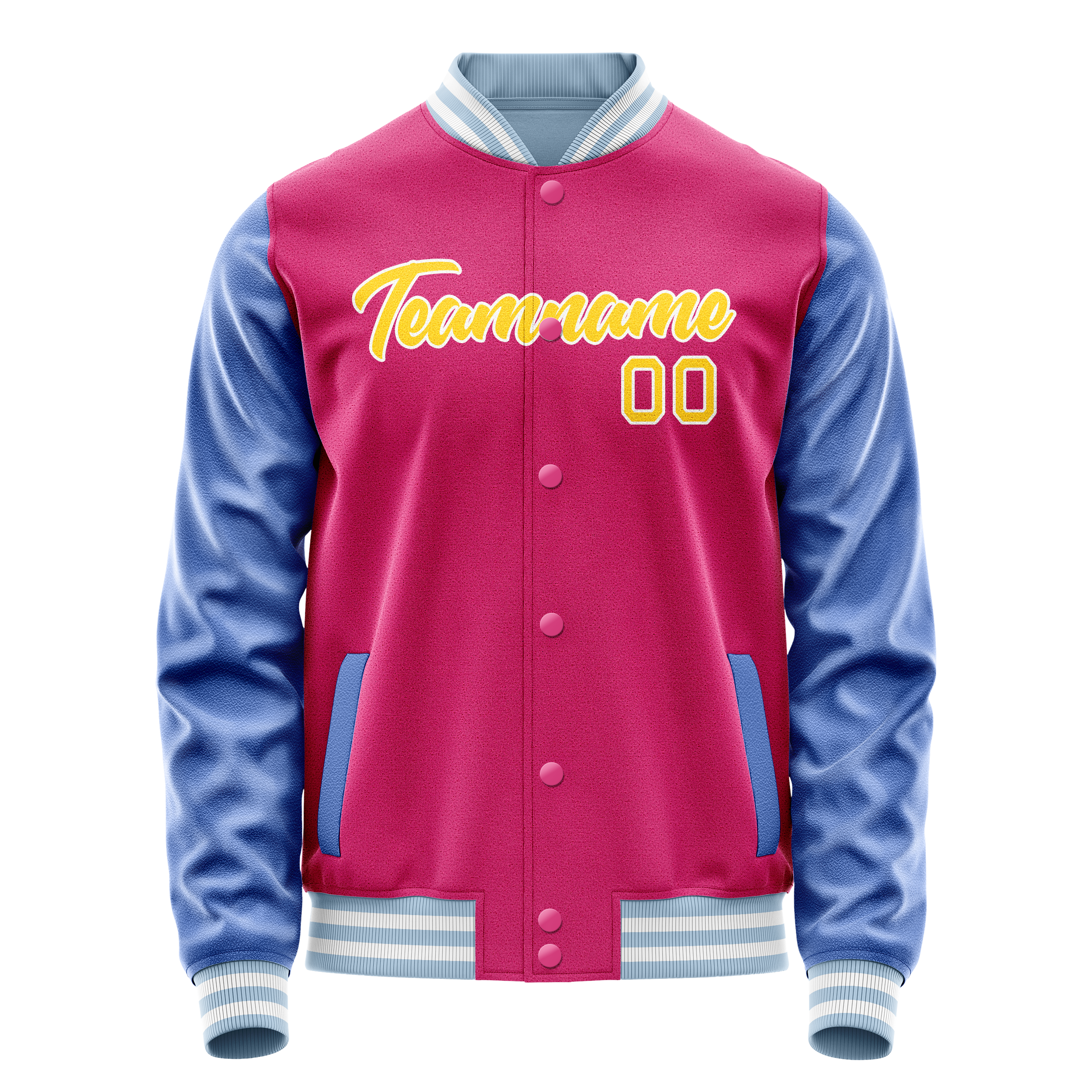 Custom Pink Light-Blue Solid Color Varsity Letterman Jacket JA02240617SH302