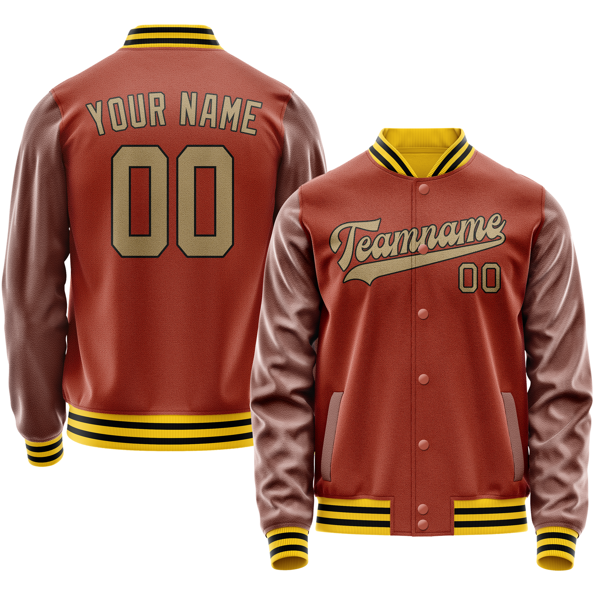 Custom Texas-Orange Old-Gold Solid Color Varsity Letterman Jacket JA02240617JG435
