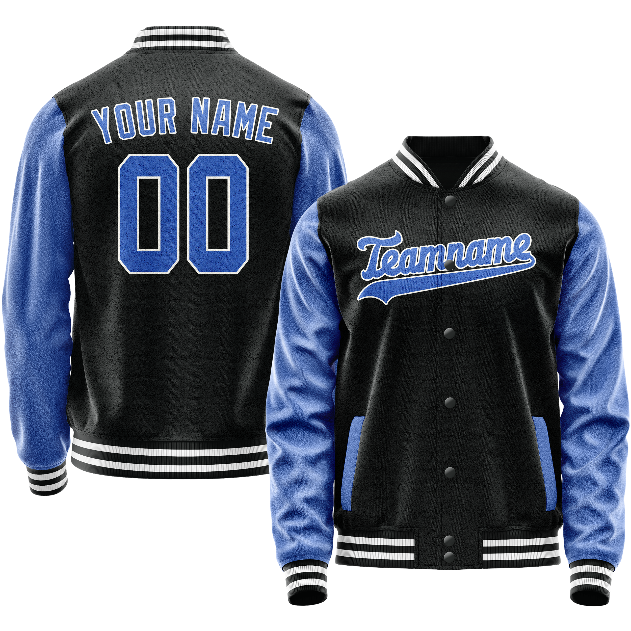 Custom Black Light-Blue Solid Color Varsity Letterman Jacket JA02240617XF030