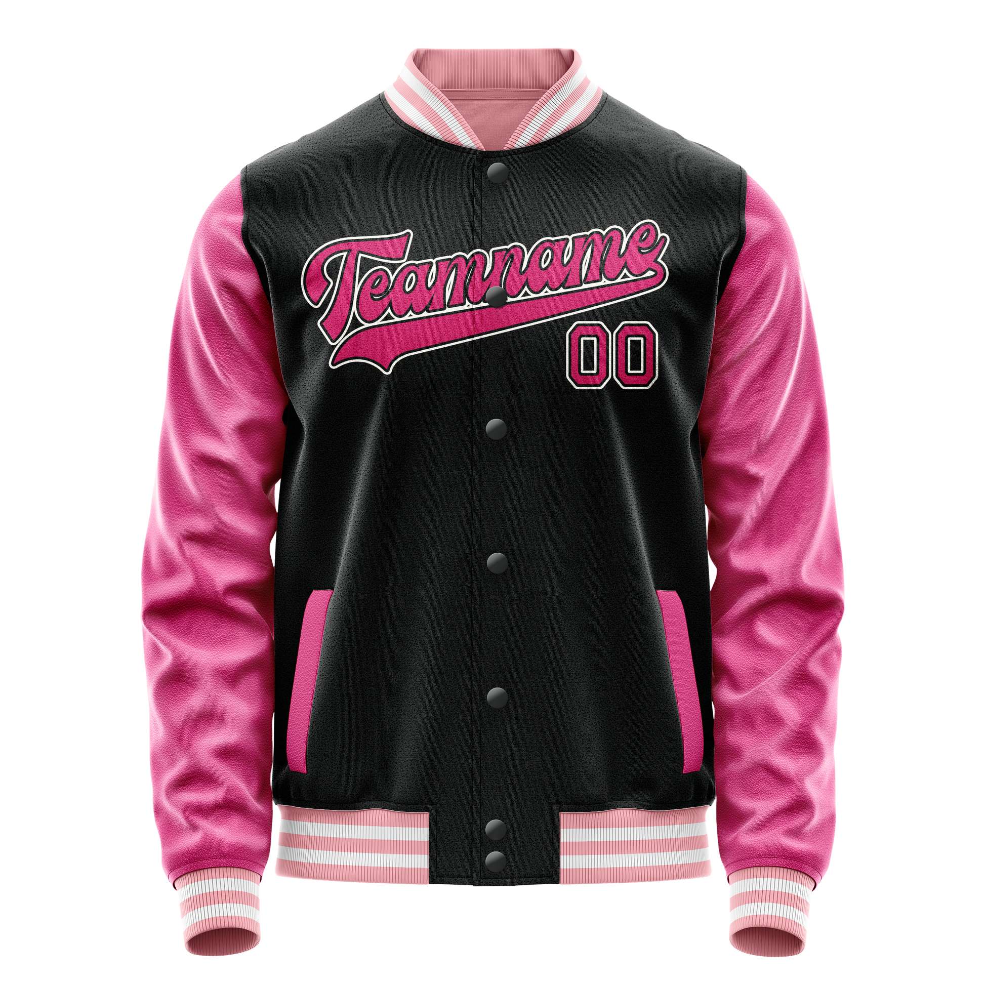 Custom Black Pink Solid Color Varsity Letterman Jacket JA02240617XF023