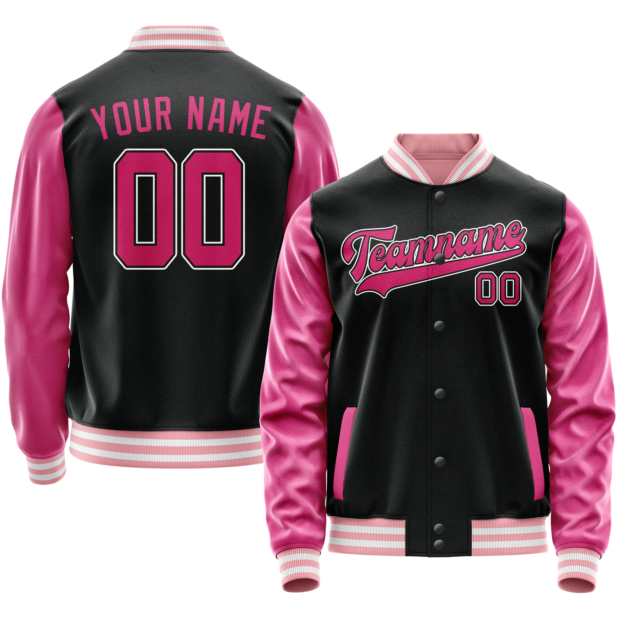 Custom Black Pink Solid Color Varsity Letterman Jacket JA02240617XF023