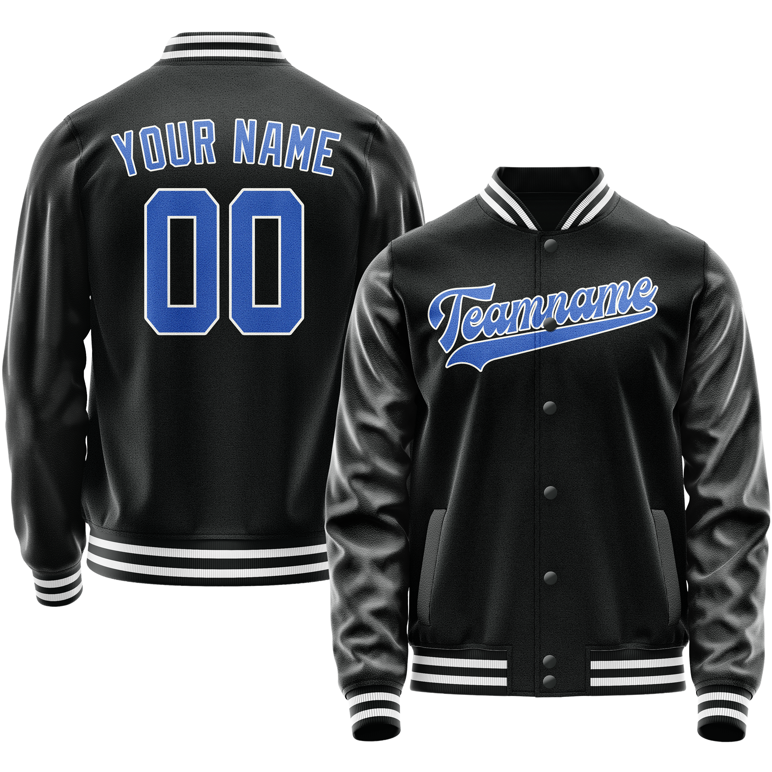 Custom Black Light-Blue Solid Color Varsity Letterman Jacket JA02240617XF009