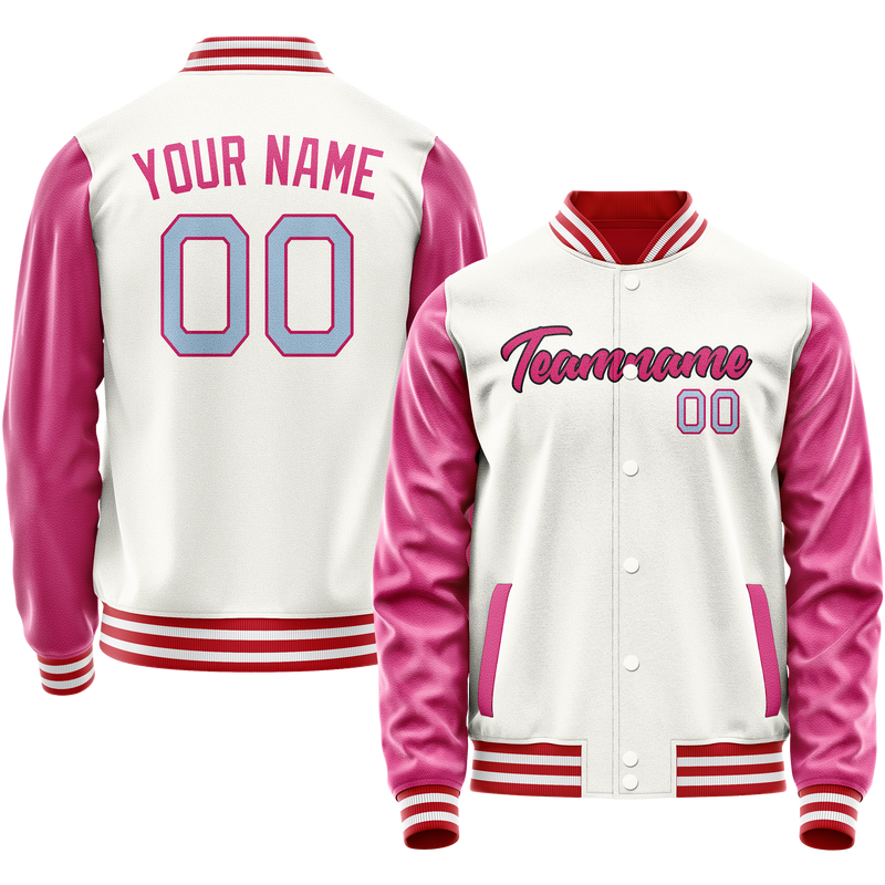 Custom White Pink Solid Color Varsity Letterman Jacket JA02240617LH468