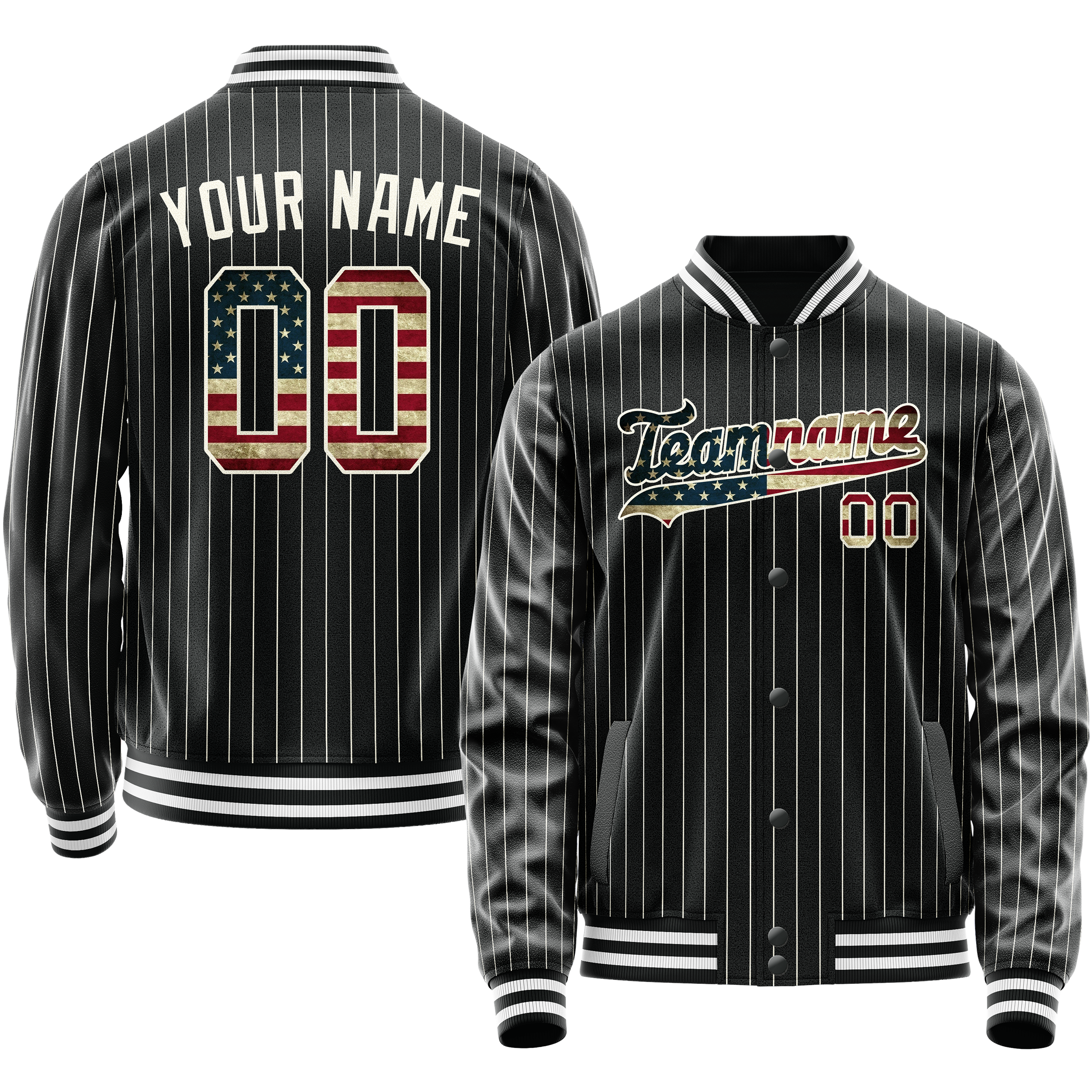 Custom Black Vintage-Usa-Flag Cream Pinstripe Varsity Letterman Jacket JA02240617HF058
