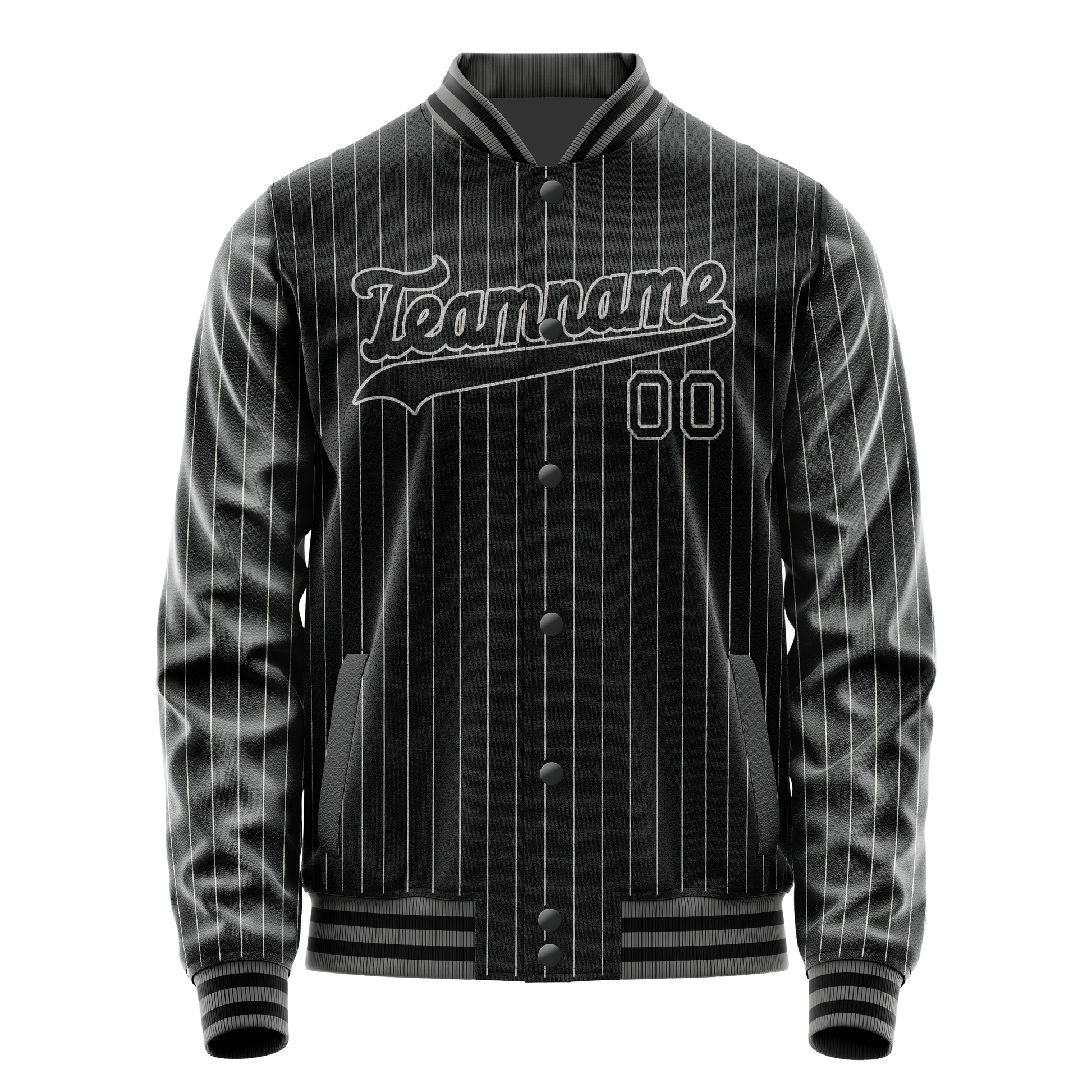 Custom Black Gray Gray Pinstripe Varsity Letterman Jacket JA02240617HF060