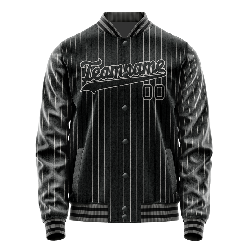 Custom Black Gray Gray Pinstripe Varsity Letterman Jacket JA02240617HF060