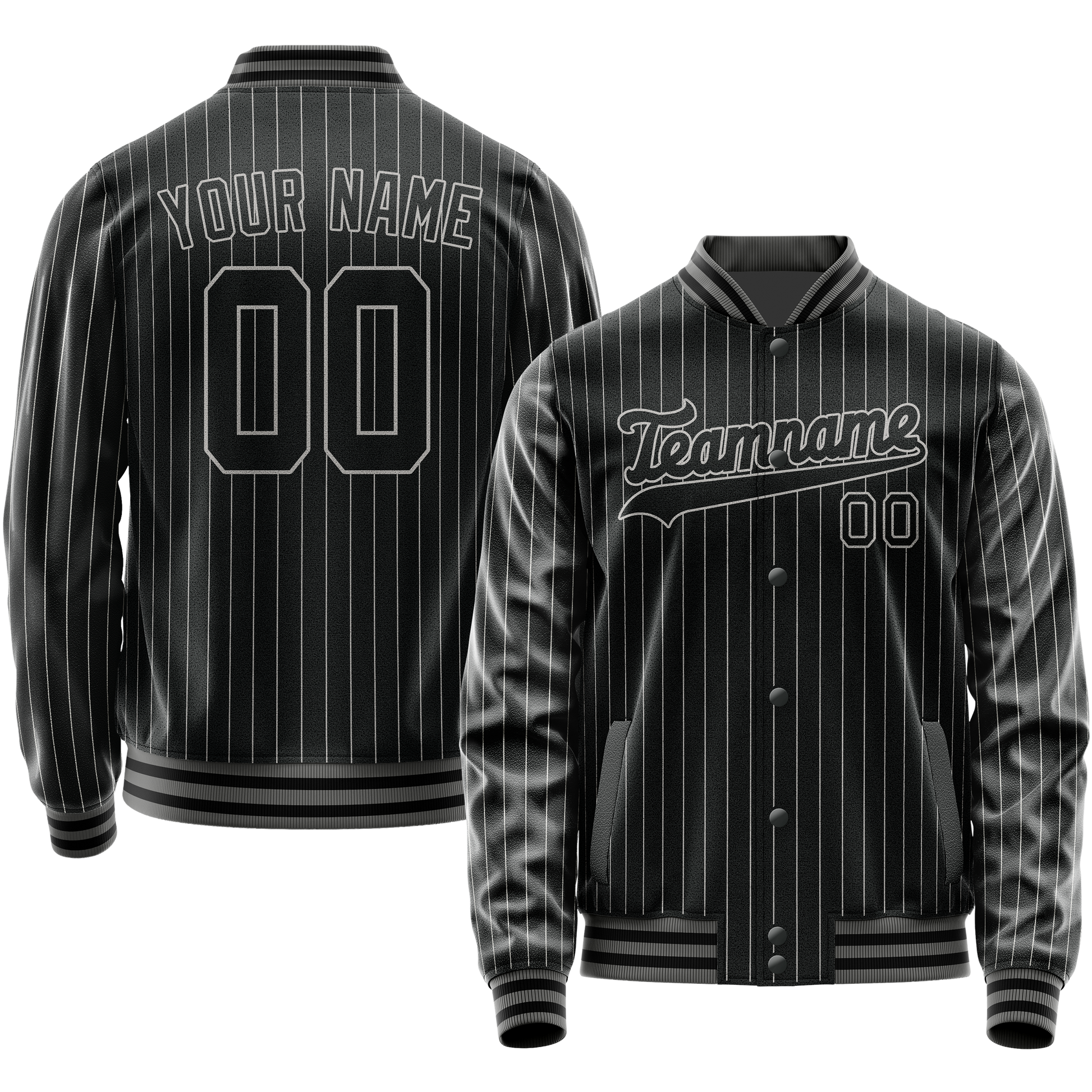 Custom Black Gray Gray Pinstripe Varsity Letterman Jacket JA02240617HF060