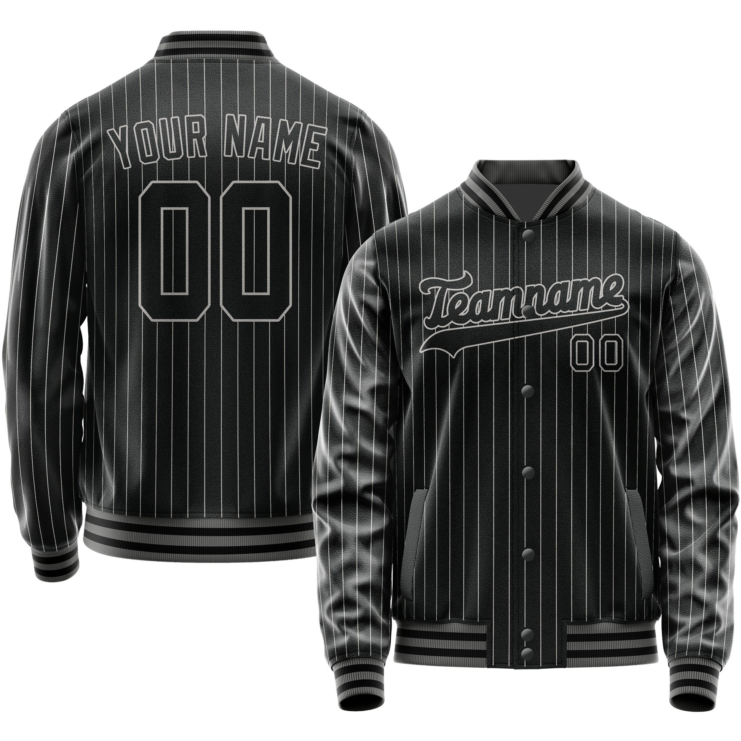 Custom Black Gray Gray Pinstripe Varsity Letterman Jacket JA02240617HF060