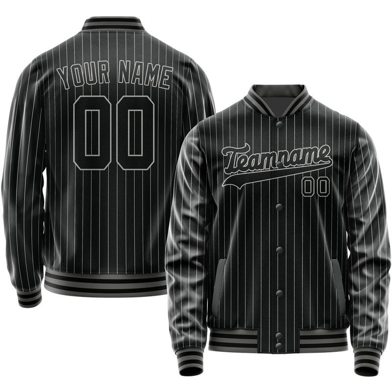 Custom Black Gray Gray Pinstripe Varsity Letterman Jacket JA02240617HF060