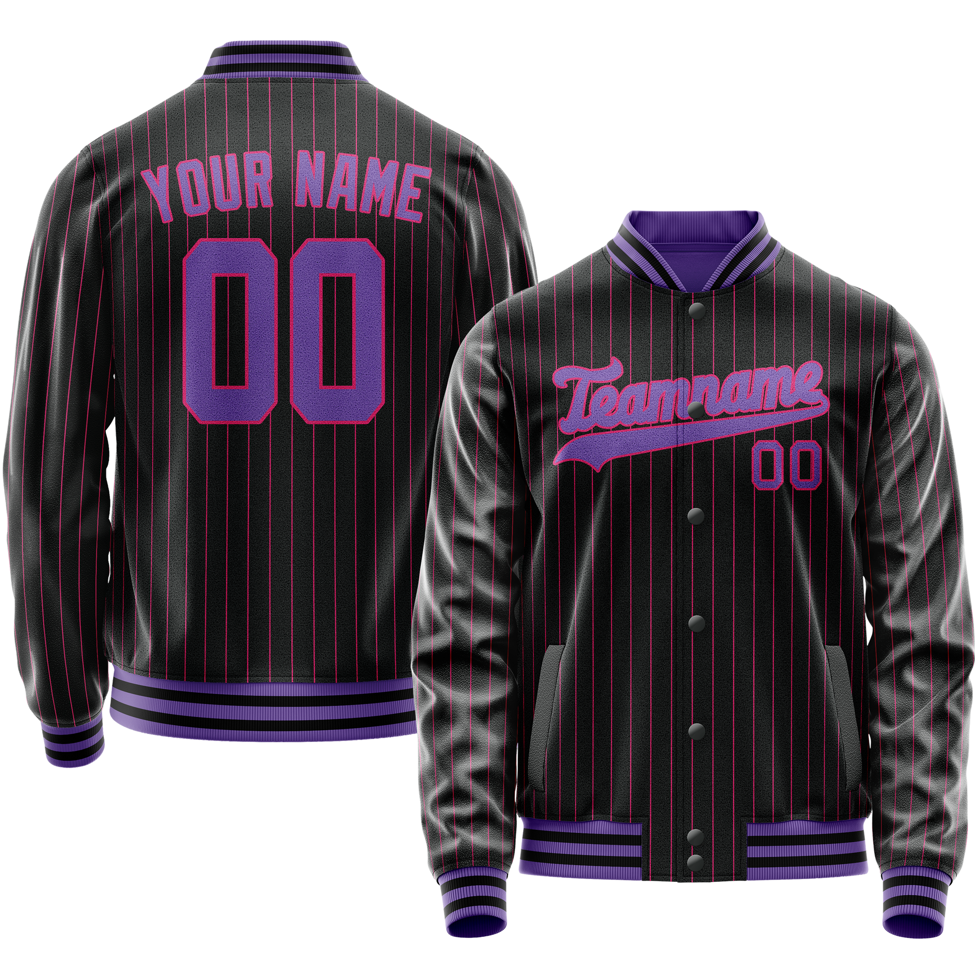 Custom Black Purple Pink Pinstripe Varsity Letterman Jacket JA02240617HF055