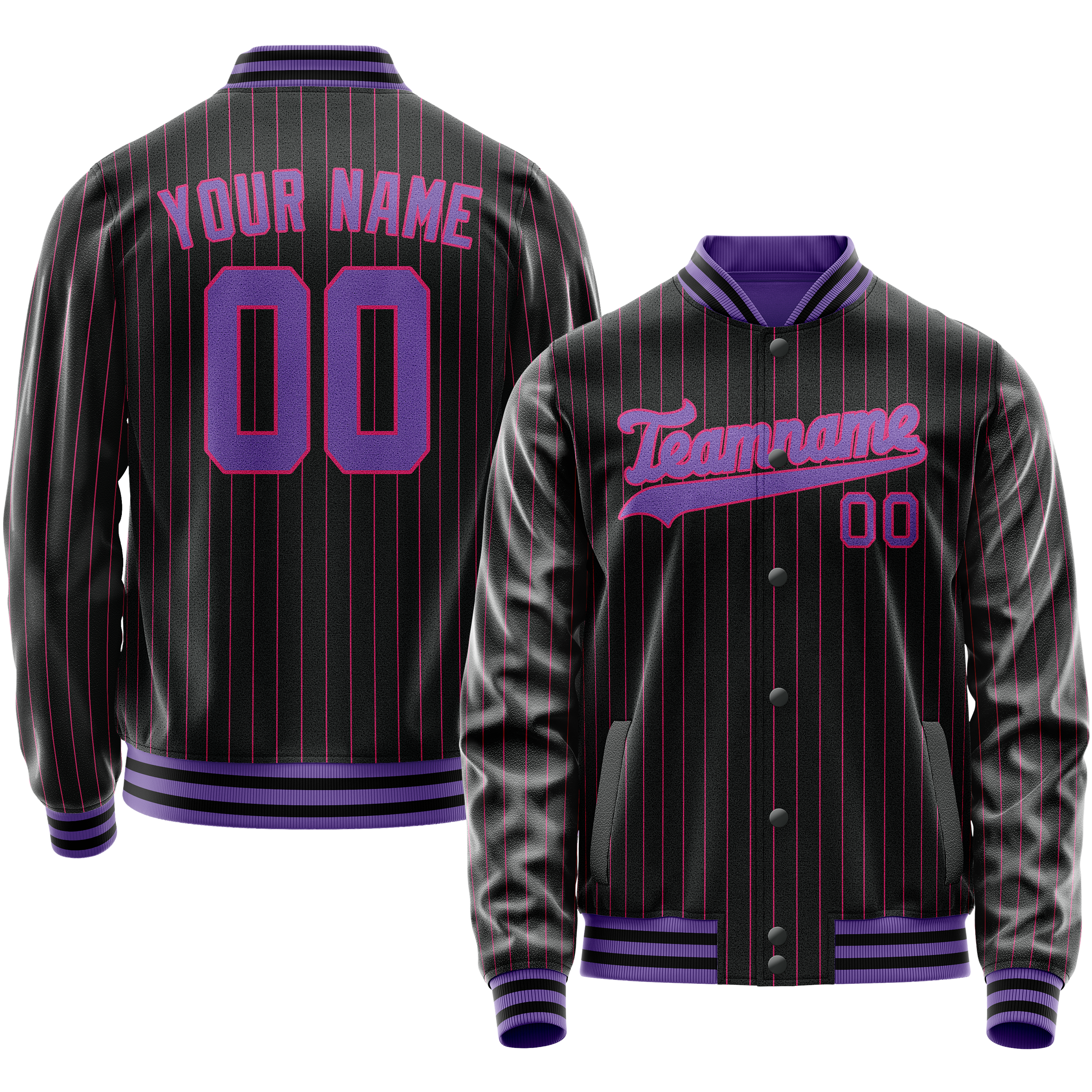 Custom Black Purple Pink Pinstripe Varsity Letterman Jacket JA02240617HF055