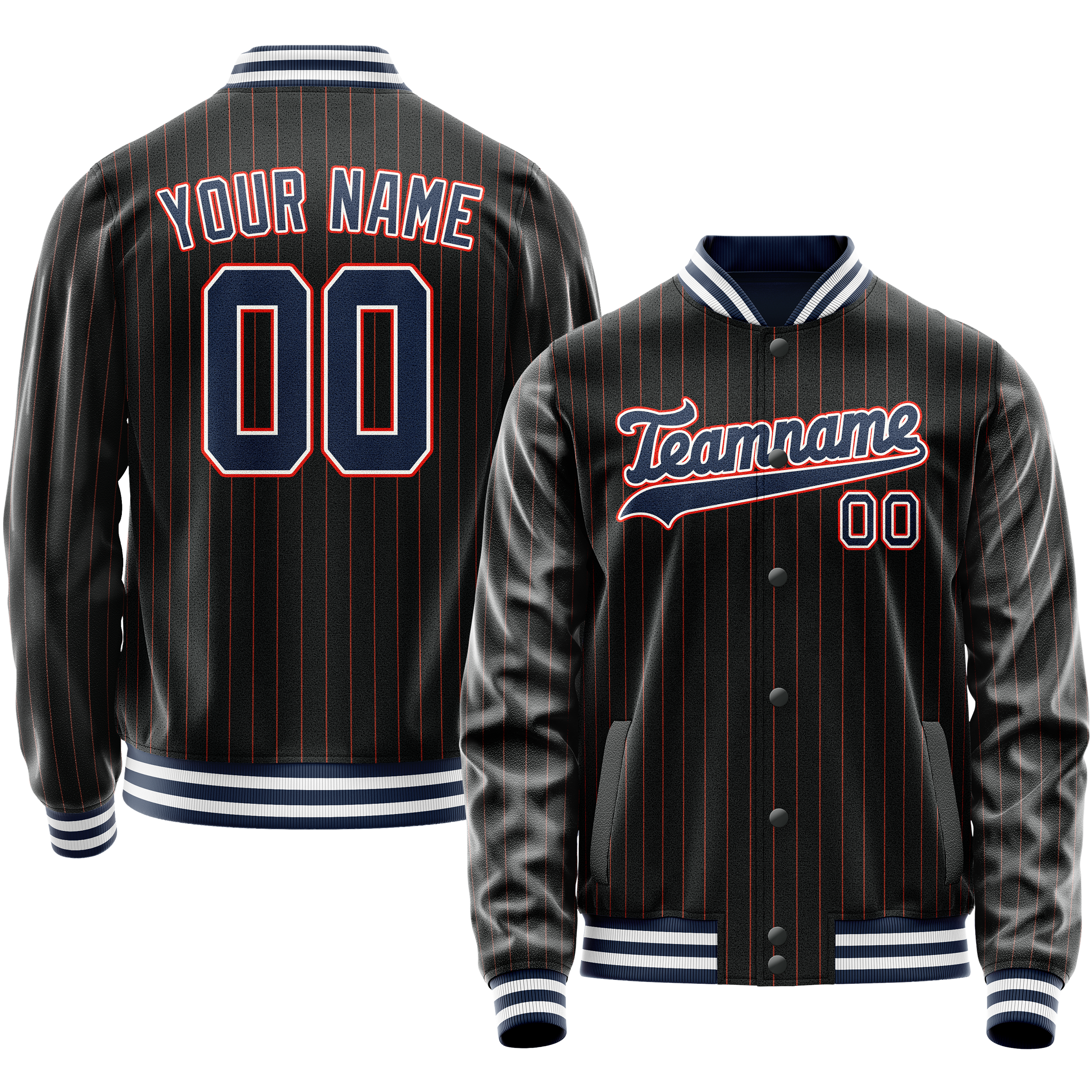Custom Black Royal Orange Pinstripe Varsity Letterman Jacket JA02240617HF035