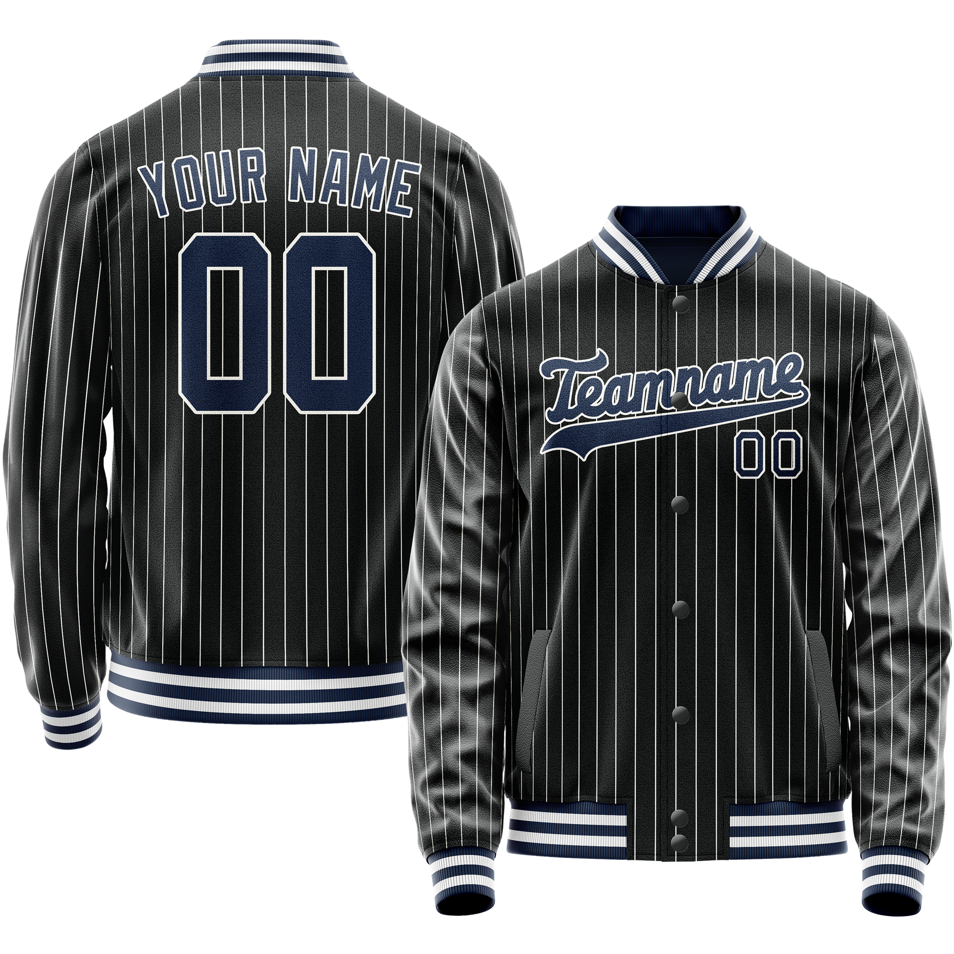 Custom Black Royal White Pinstripe Varsity Letterman Jacket JA02240617HF057