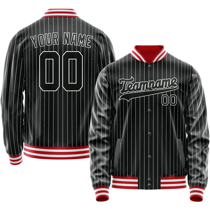 Custom Black White White Pinstripe Varsity Letterman Jacket JA02240617HF043