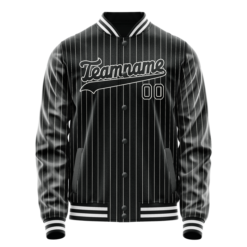 Custom Black White White Pinstripe Varsity Letterman Jacket JA02240617HF031