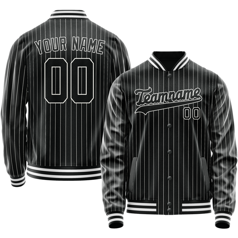 Custom Black White White Pinstripe Varsity Letterman Jacket JA02240617HF031