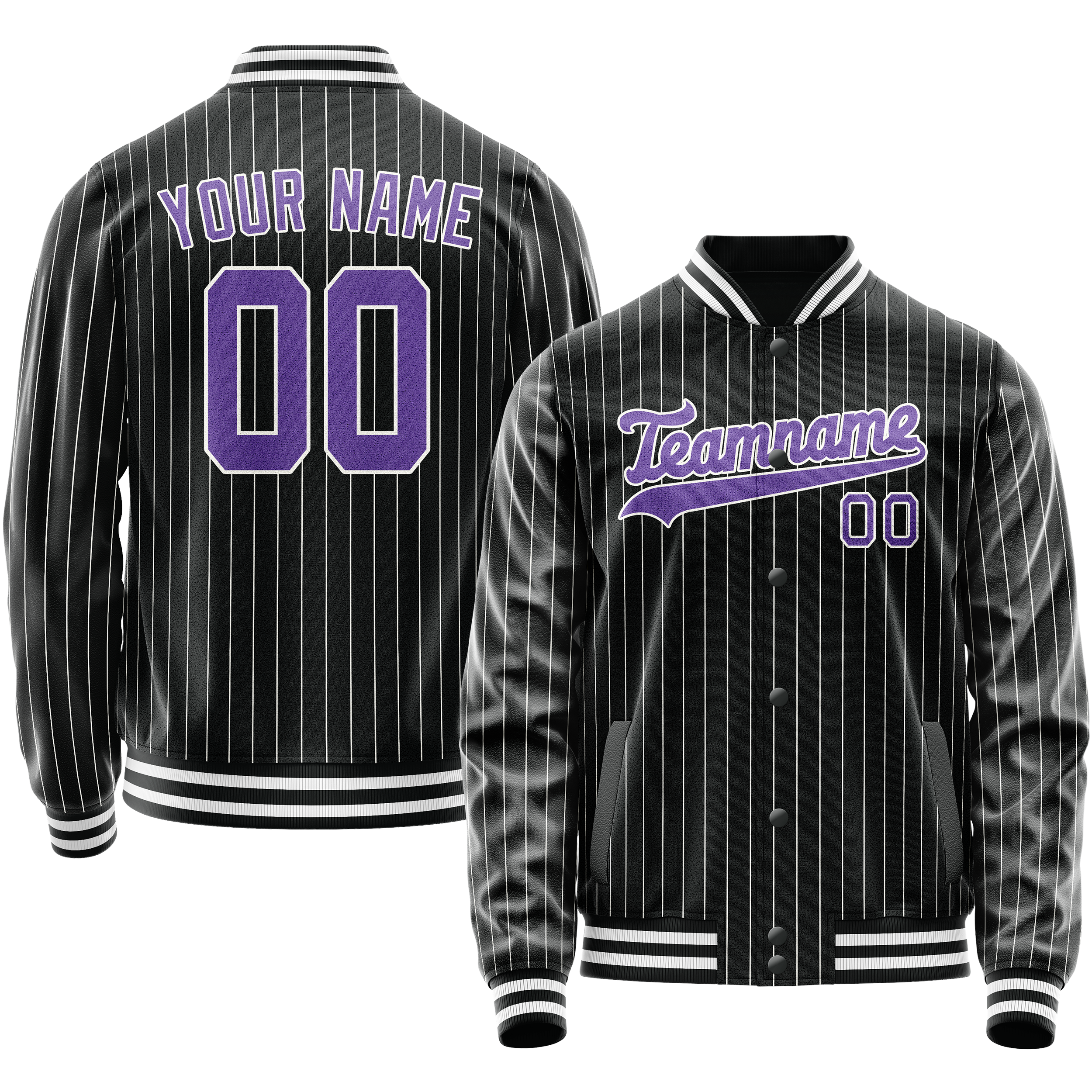 Custom Black Purple Gray Pinstripe Varsity Letterman Jacket JA02240617HF049