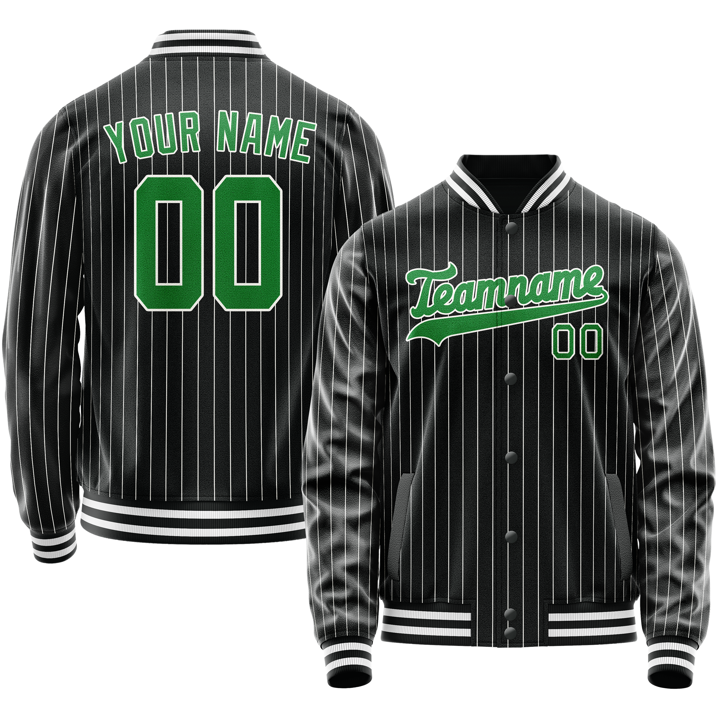 Custom Black Neon-Green Gray Pinstripe Varsity Letterman Jacket JA02240617HF048
