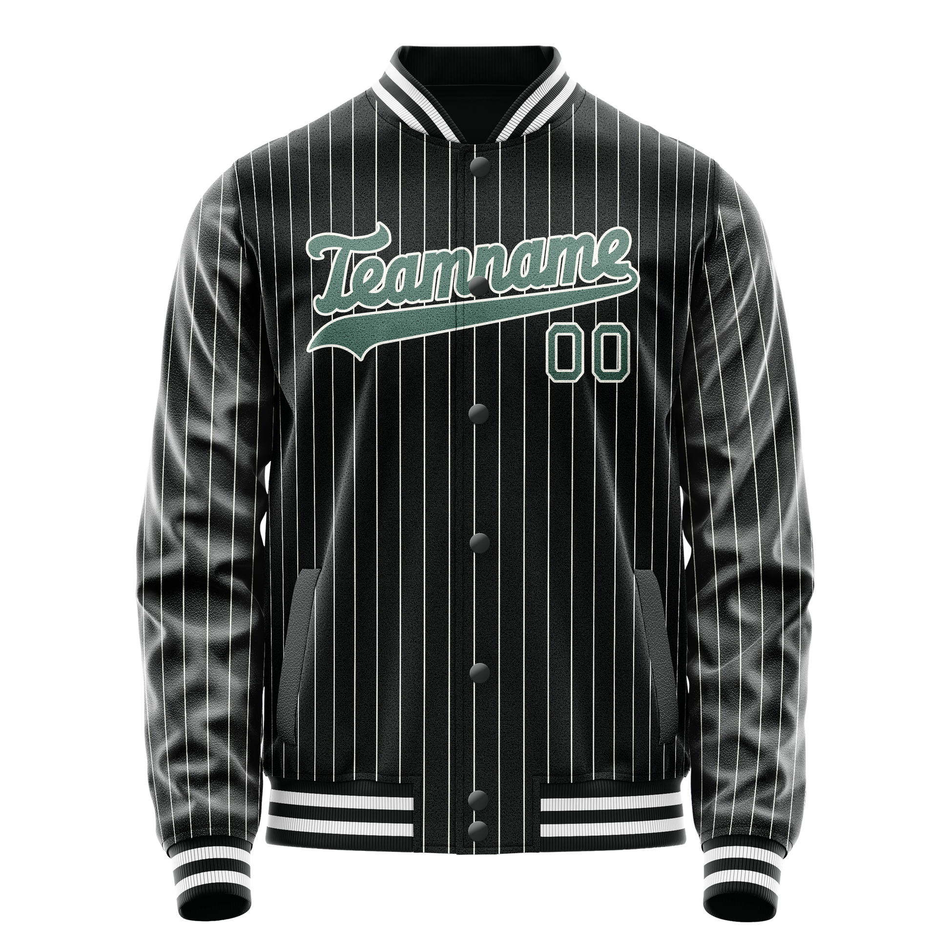Custom Black Teal Gray Pinstripe Varsity Letterman Jacket JA02240617HF040