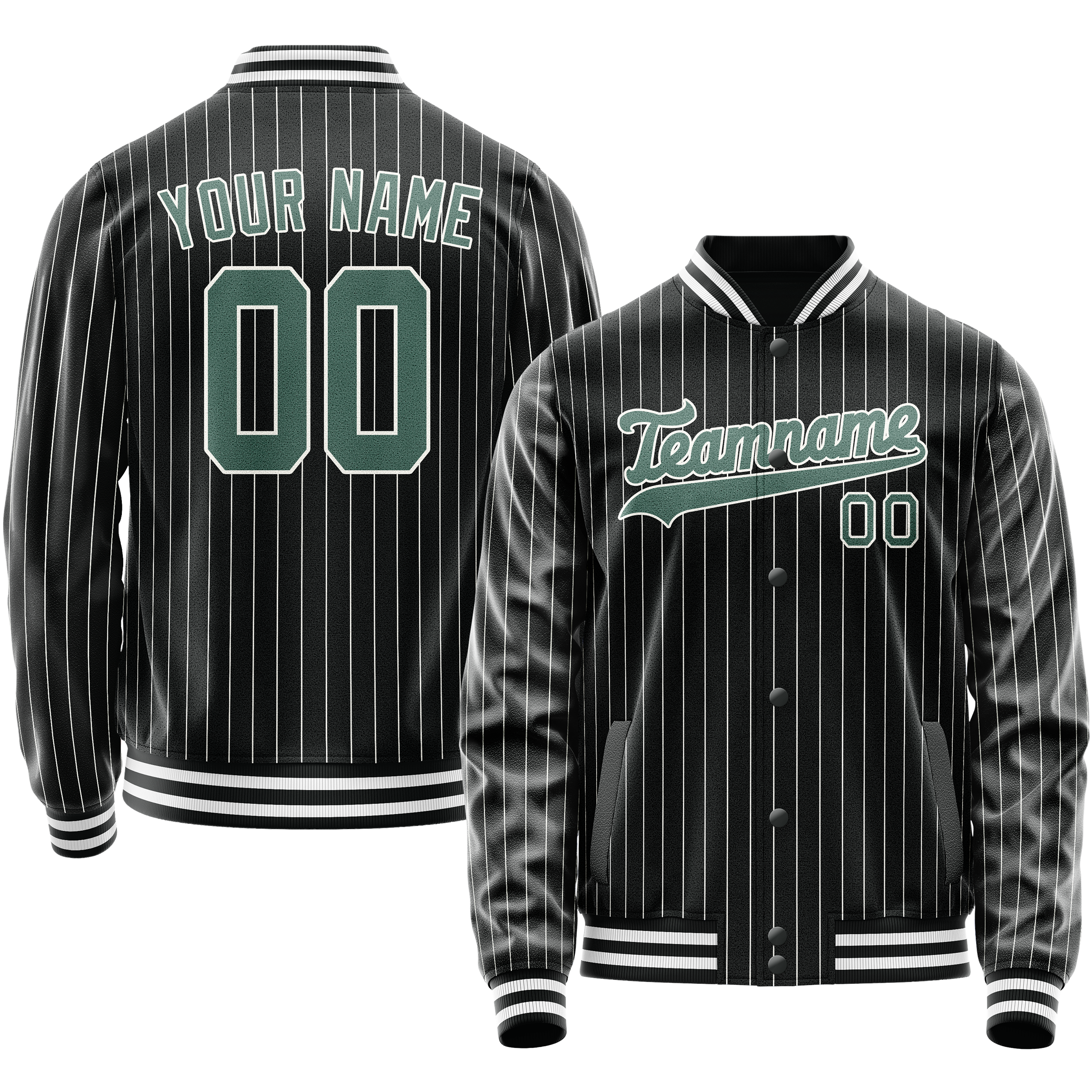 Custom Black Teal Gray Pinstripe Varsity Letterman Jacket JA02240617HF040