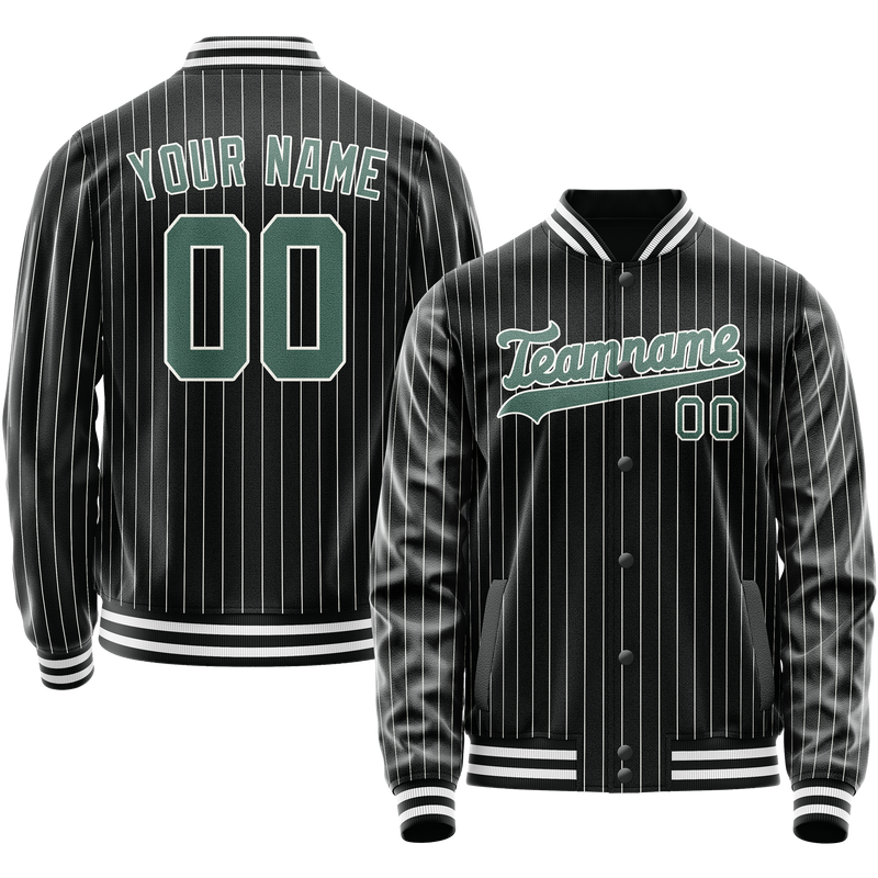 Custom Black Teal Gray Pinstripe Varsity Letterman Jacket JA02240617HF040
