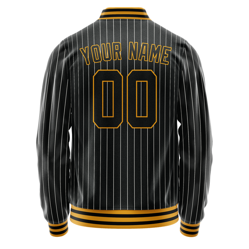 Custom Black Gold Gray Pinstripe Varsity Letterman Jacket JA02240617HF054