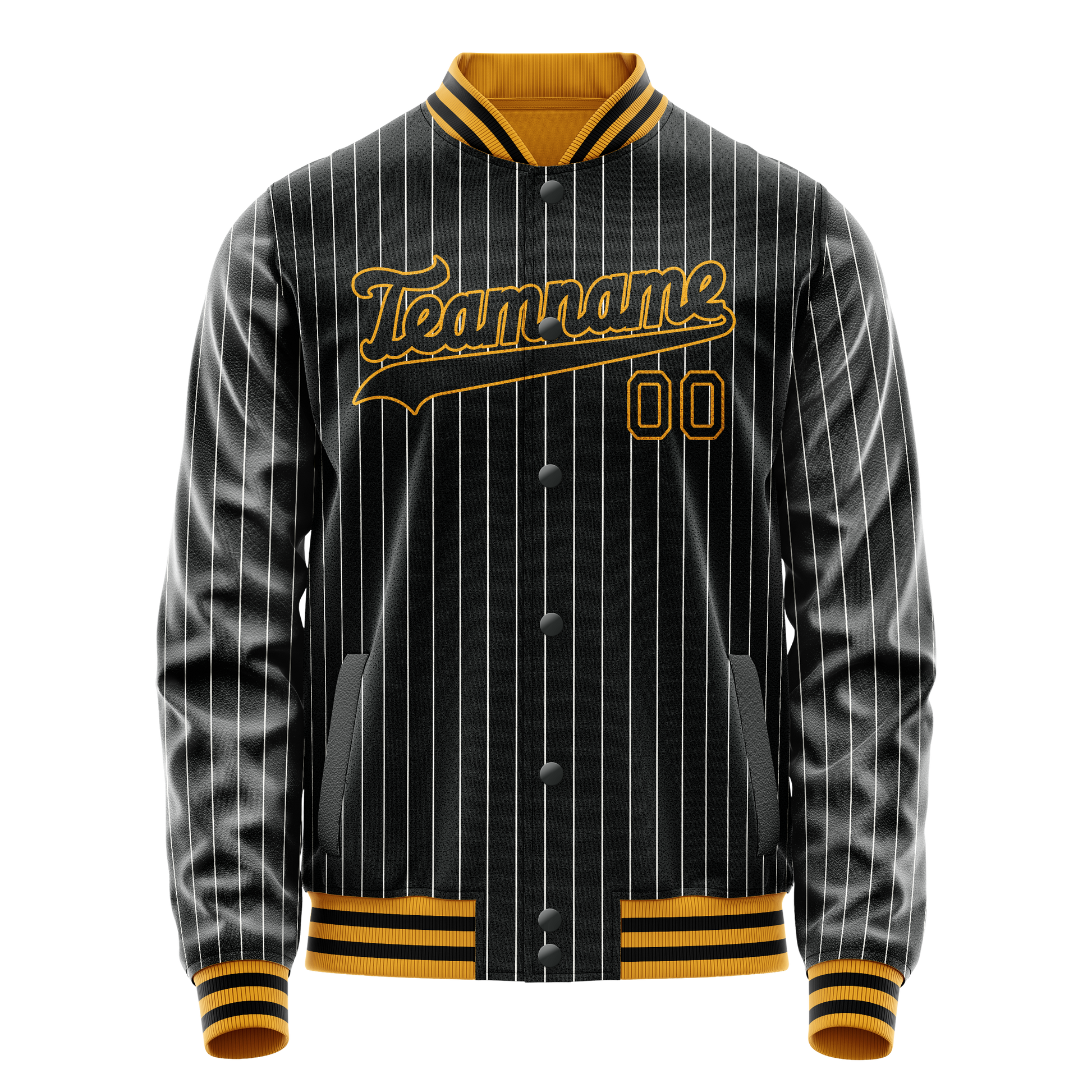Custom Black Gold Gray Pinstripe Varsity Letterman Jacket JA02240617HF054