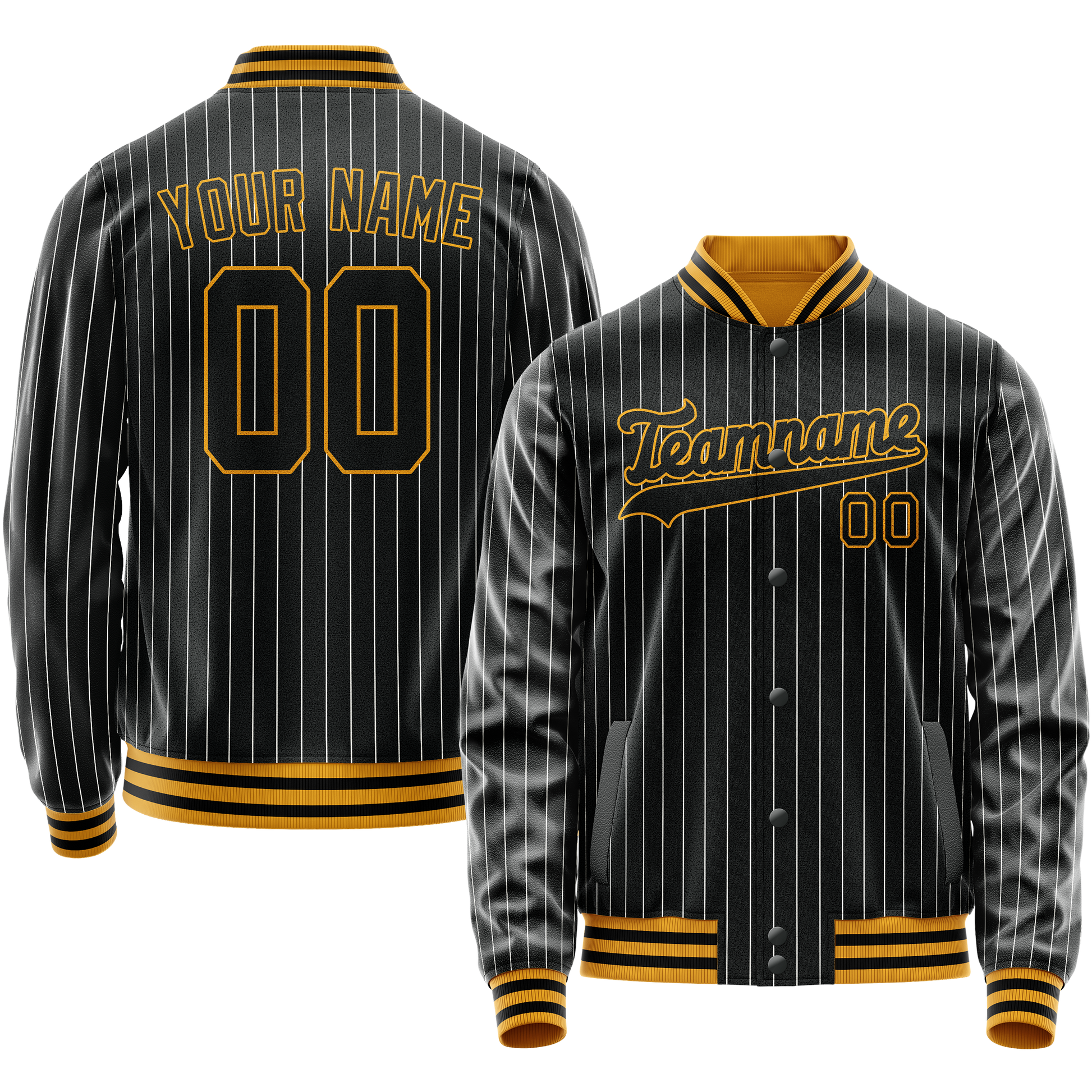 Custom Black Gold Gray Pinstripe Varsity Letterman Jacket JA02240617HF054