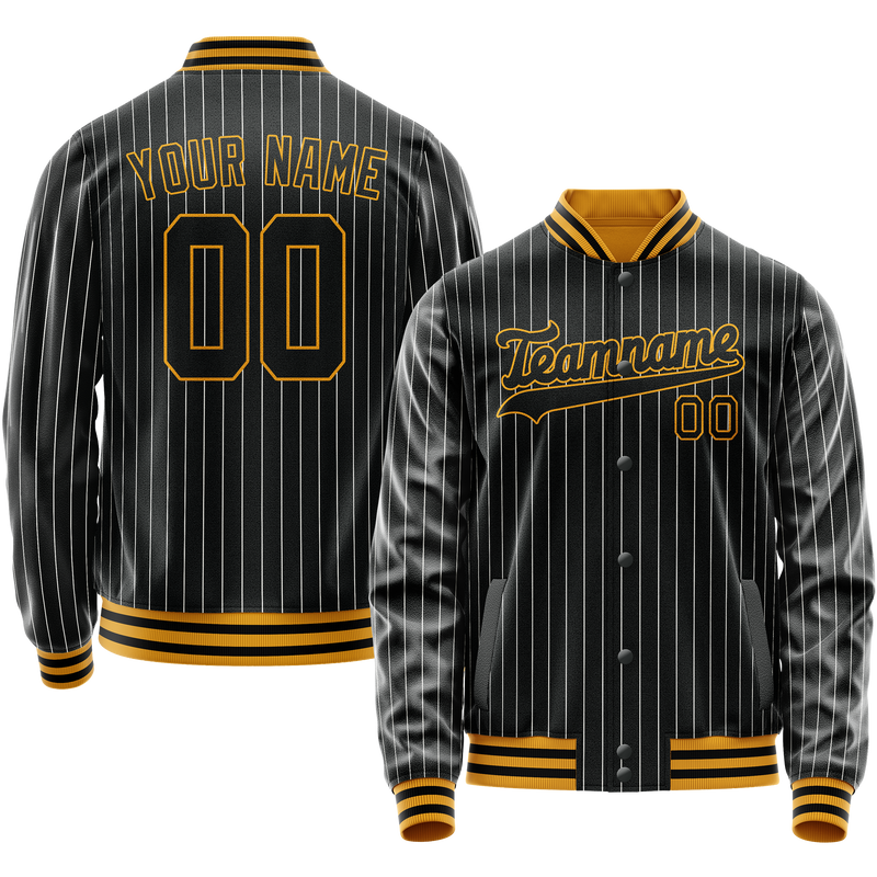 Custom Black Gold Gray Pinstripe Varsity Letterman Jacket JA02240617HF054