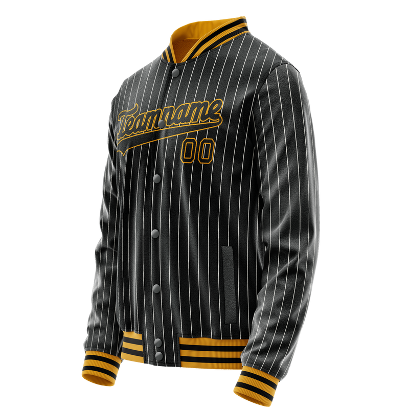 Custom Black Gold Gray Pinstripe Varsity Letterman Jacket JA02240617HF054
