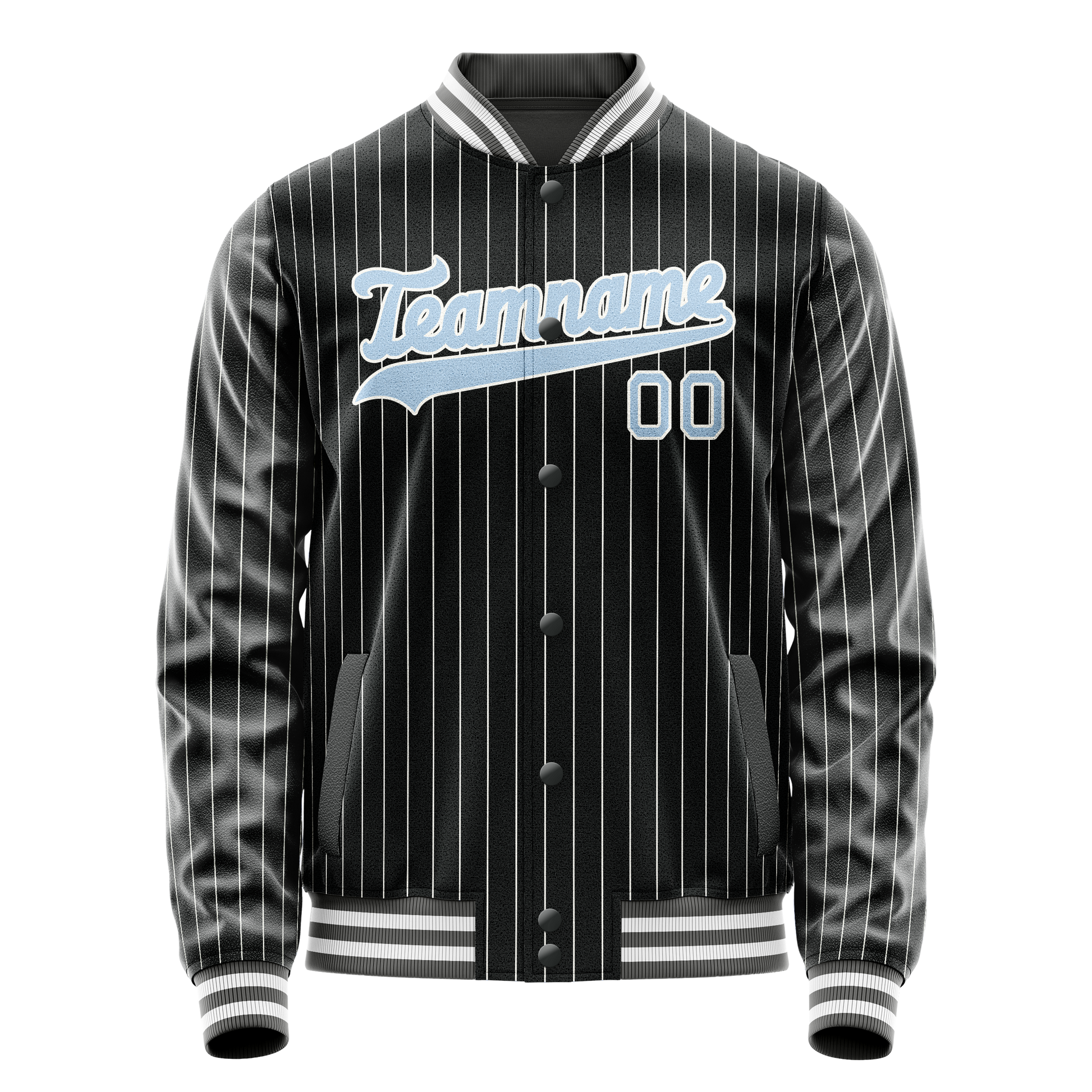Custom Black Light-Blue Gray Pinstripe Varsity Letterman Jacket JA02240617HF046