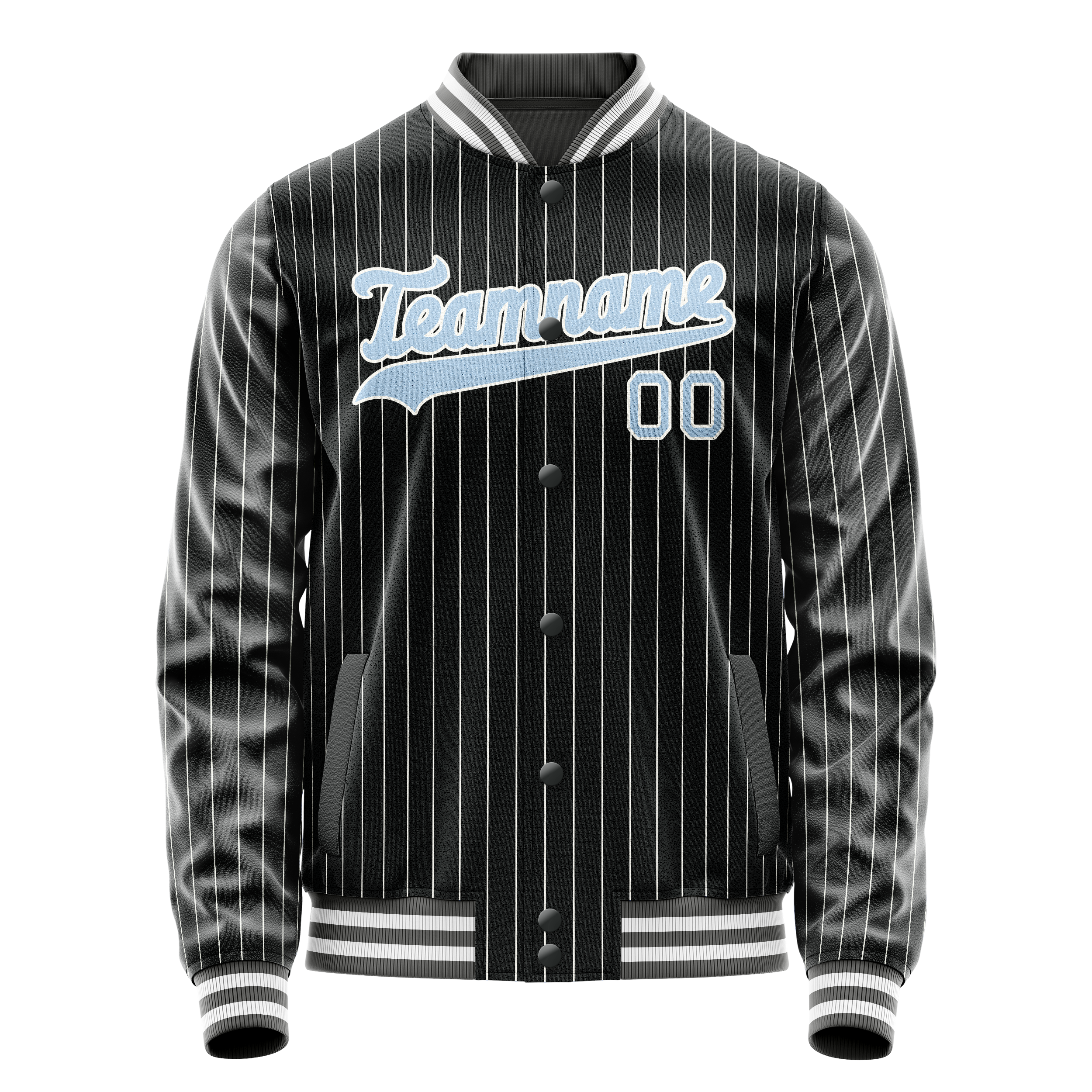 Custom Black Light-Blue Gray Pinstripe Varsity Letterman Jacket JA02240617HF046