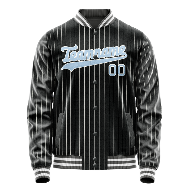 Custom Black Light-Blue Gray Pinstripe Varsity Letterman Jacket JA02240617HF046