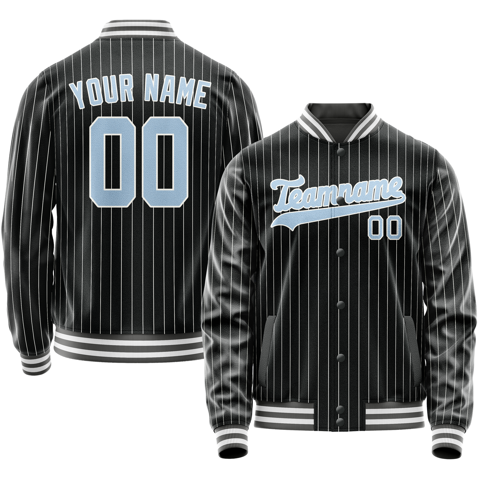 Custom Black Light-Blue Gray Pinstripe Varsity Letterman Jacket JA02240617HF046
