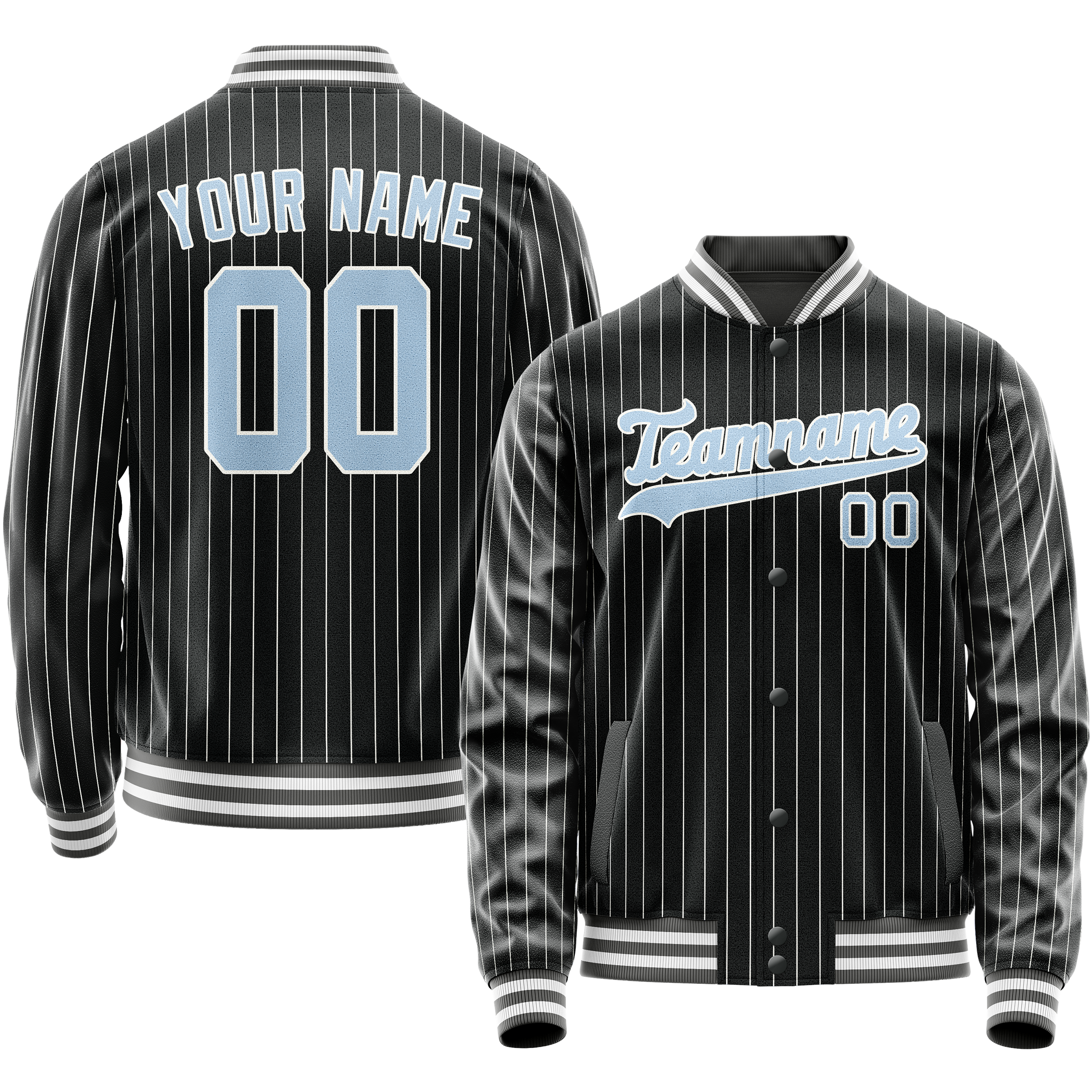 Custom Black Light-Blue Gray Pinstripe Varsity Letterman Jacket JA02240617HF046