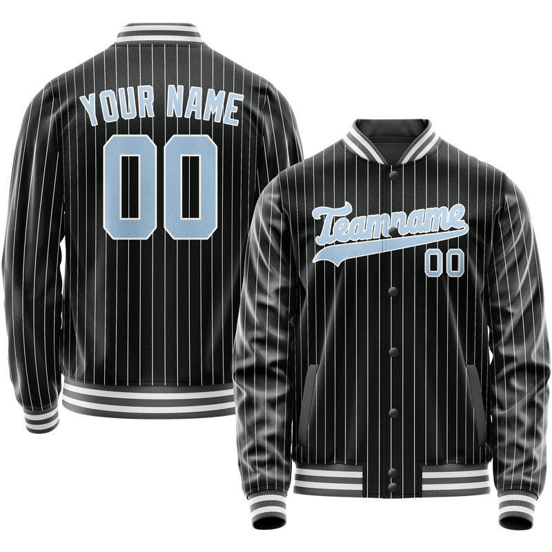 Custom Black Light-Blue Gray Pinstripe Varsity Letterman Jacket JA02240617HF046